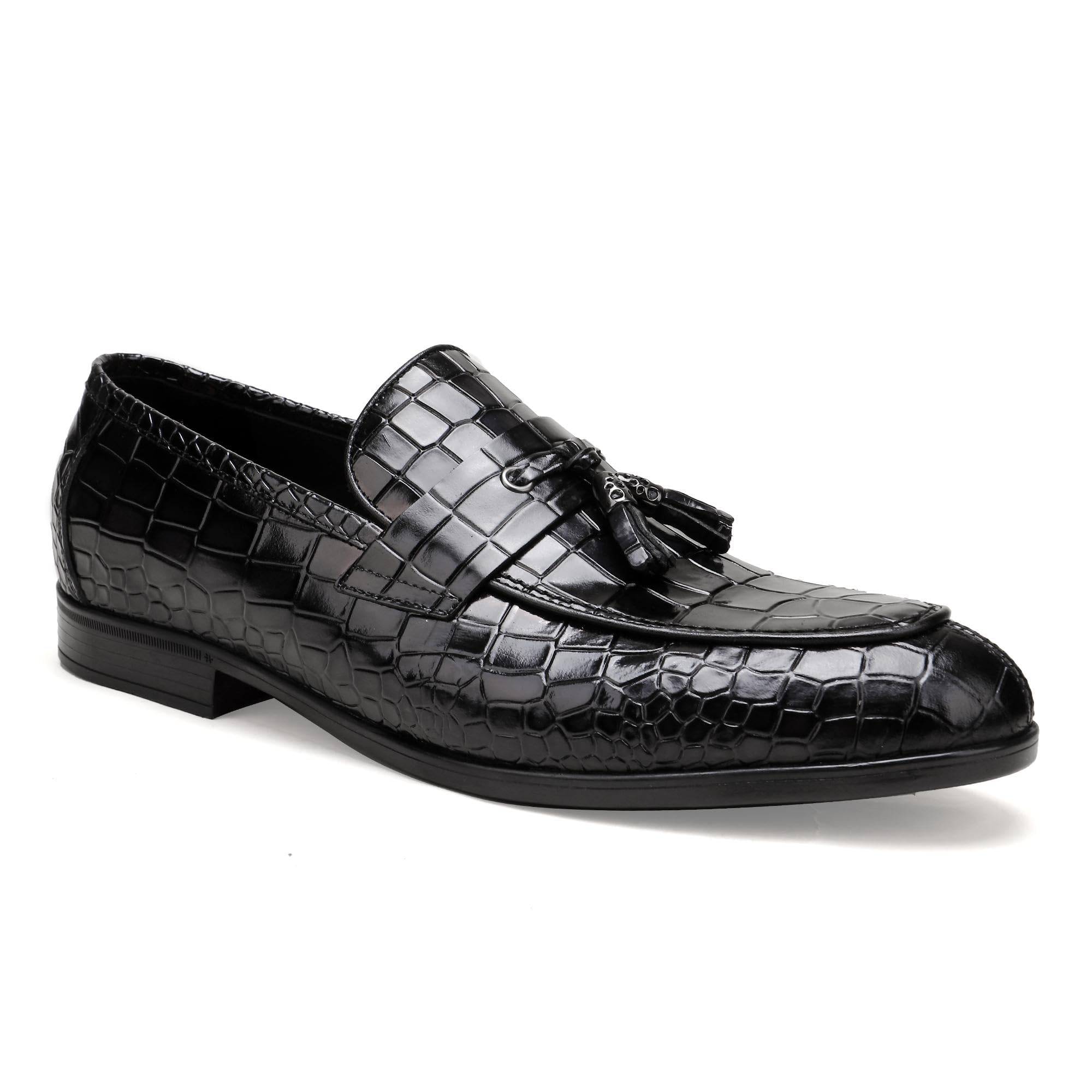 Premium Men's Leather Tassel Loafers - Classic Alligator Print Slip-On Dress Shoes for Business, Wedding & Formal Occasions | Comfortable & Stylish Office & Evening Wear