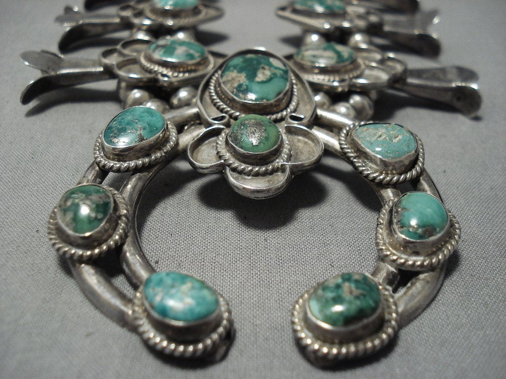Authentic Vintage Navajo Sterling Silver Squash Blossom Necklace with Royston Turquoise - 190g Native American Jewelry for Women - Perfect for Boho Fashion, Weddings & Special Occasions
