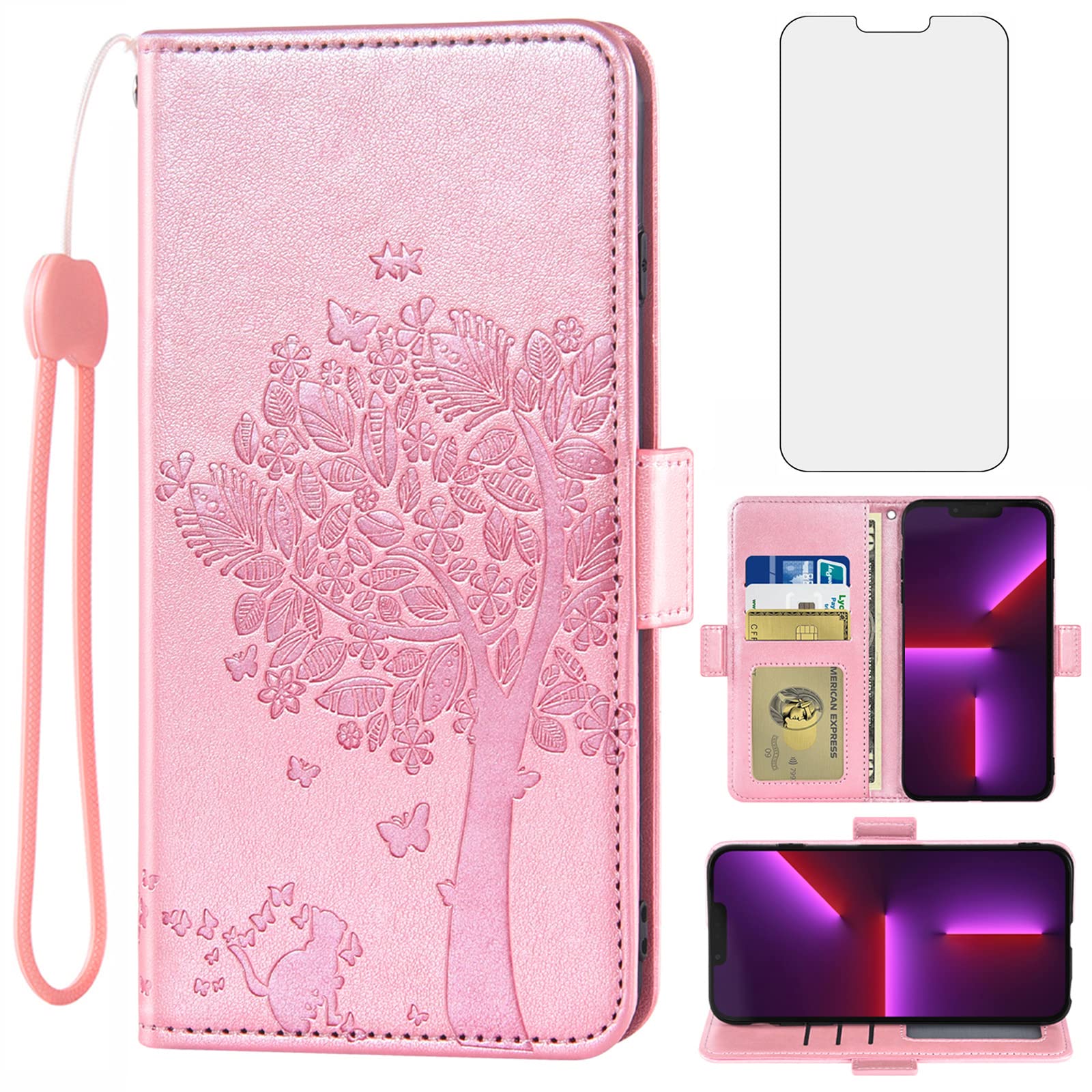 ASUWISH iPhone 13 Pro Case with Wallet, Tempered Glass Screen Protector & Wrist Strap - 6.1