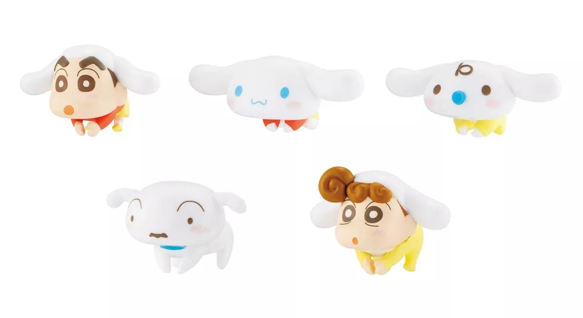 Bandai Hugcot Gashapon Sanrio Cinnamoroll x Crayon Shin Chan 5-Piece Collectible Figure Set - Cute Anime Character Toys for Display, Gift Giving & Kawaii Decor
