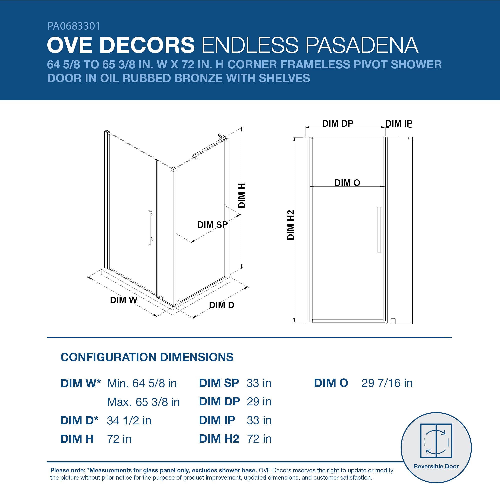 OVE Decors Pasadena Frameless Corner Shower Door 65x33 Inches - Oil Rubbed Bronze with Built-in Shelves | Bathroom Upgrade for Modern Homes (Model PA0683301)