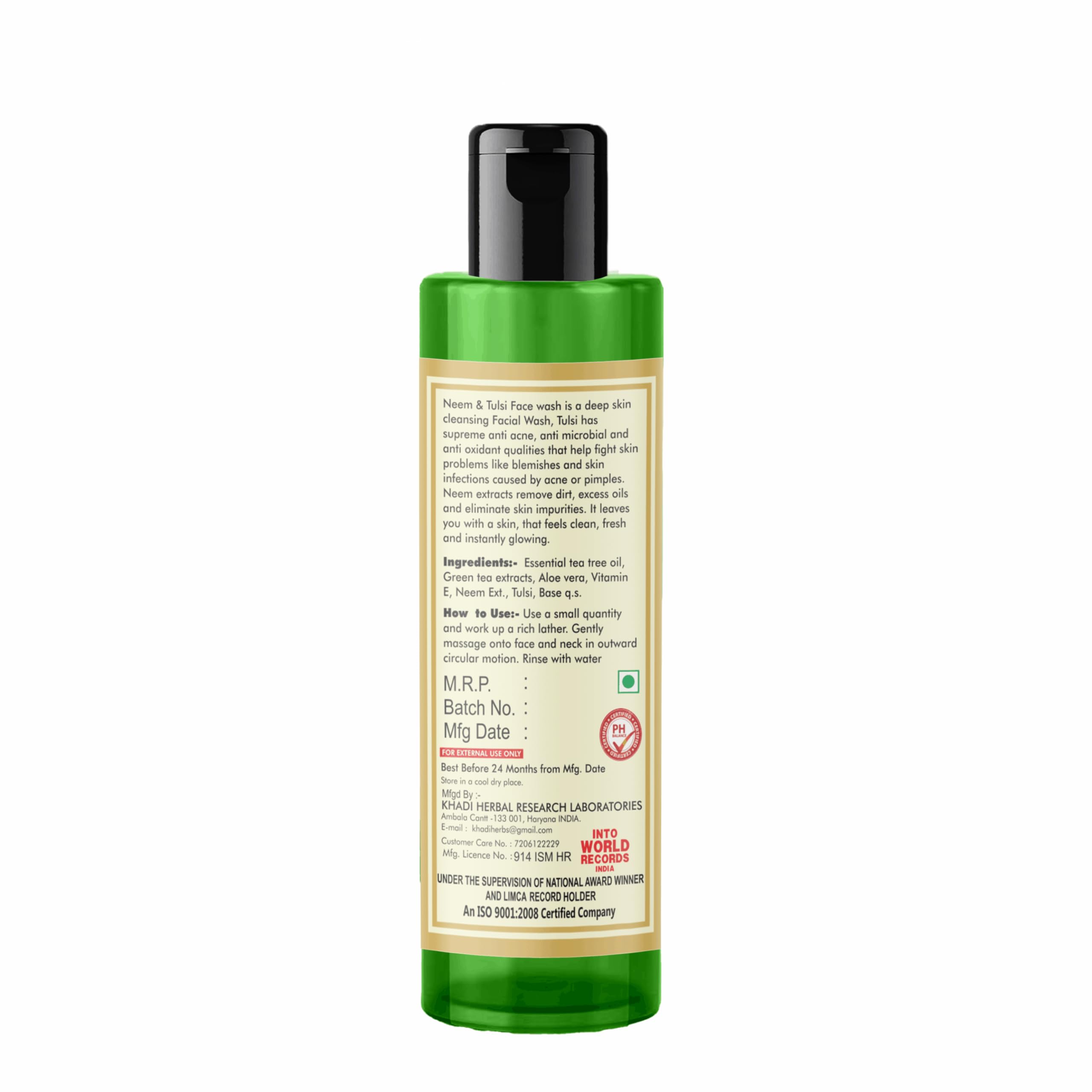KHADI ORGANIC 100% Natural Neem & Tulsi Face Wash with Aloe Vera Extract - Deep Cleansing, Pimple Treatment, Purifying Facial Cleanser for Acne-Prone Skin - Paraben Free, 120ml - Perfect for Daily Skincare Routine & Travel