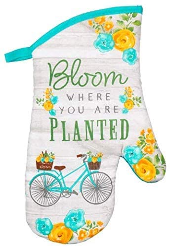 SL2U 5-Piece Linen Towel Set with 2 Kitchen Towels, Oven Mitt & 2 Matching Glasses - Floral Bicycle Spring Theme Kitchen Decor for Home, Dining & Gift Giving