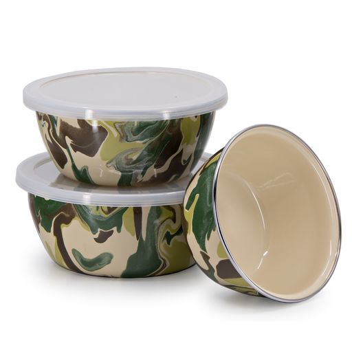3-Piece Camouflage Enamel Nesting Bowls Set - Durable & Lightweight for Camping, Picnics, and Outdoor Dining