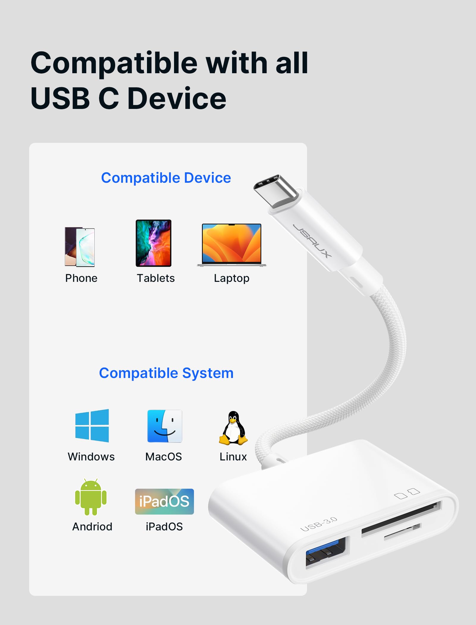 JSAUX 3-in-1 USB C to SD/Micro SD Card Reader with USB 3.0 Port - Fast Data Transfer for iPhone 16/Pro Max/Pro/Plus, iPad Pro, MacBook Pro/Air, Galaxy S8-S24 | Perfect for Photographers, Content Creators & Travelers