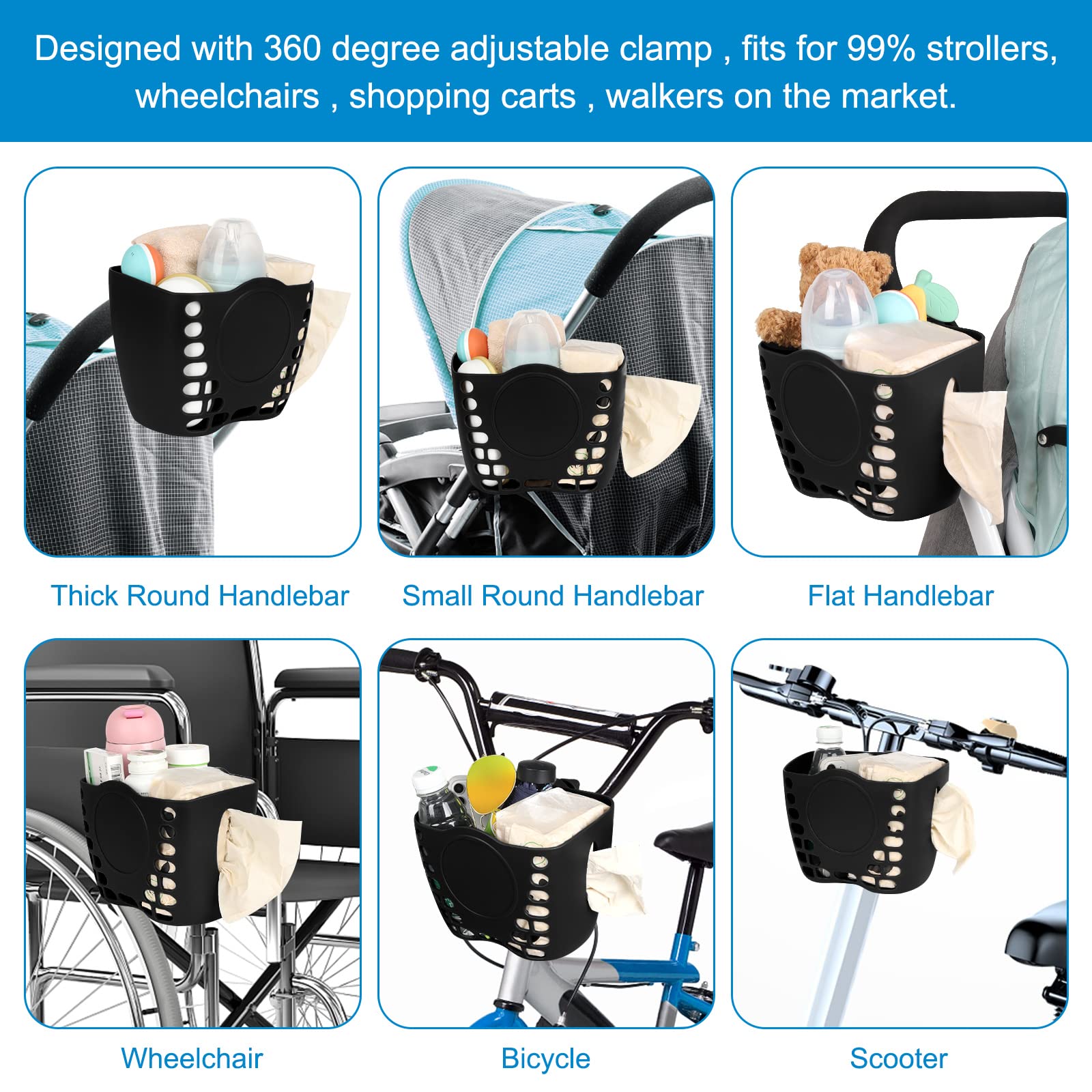 Universal 360° Rotatable Large Cup Holder for Stroller, Bike, Wheelchair & Walker - Durable Drink Holder Basket with Wide Opening | Perfect for Parents, Cyclists & Mobility Aid Users