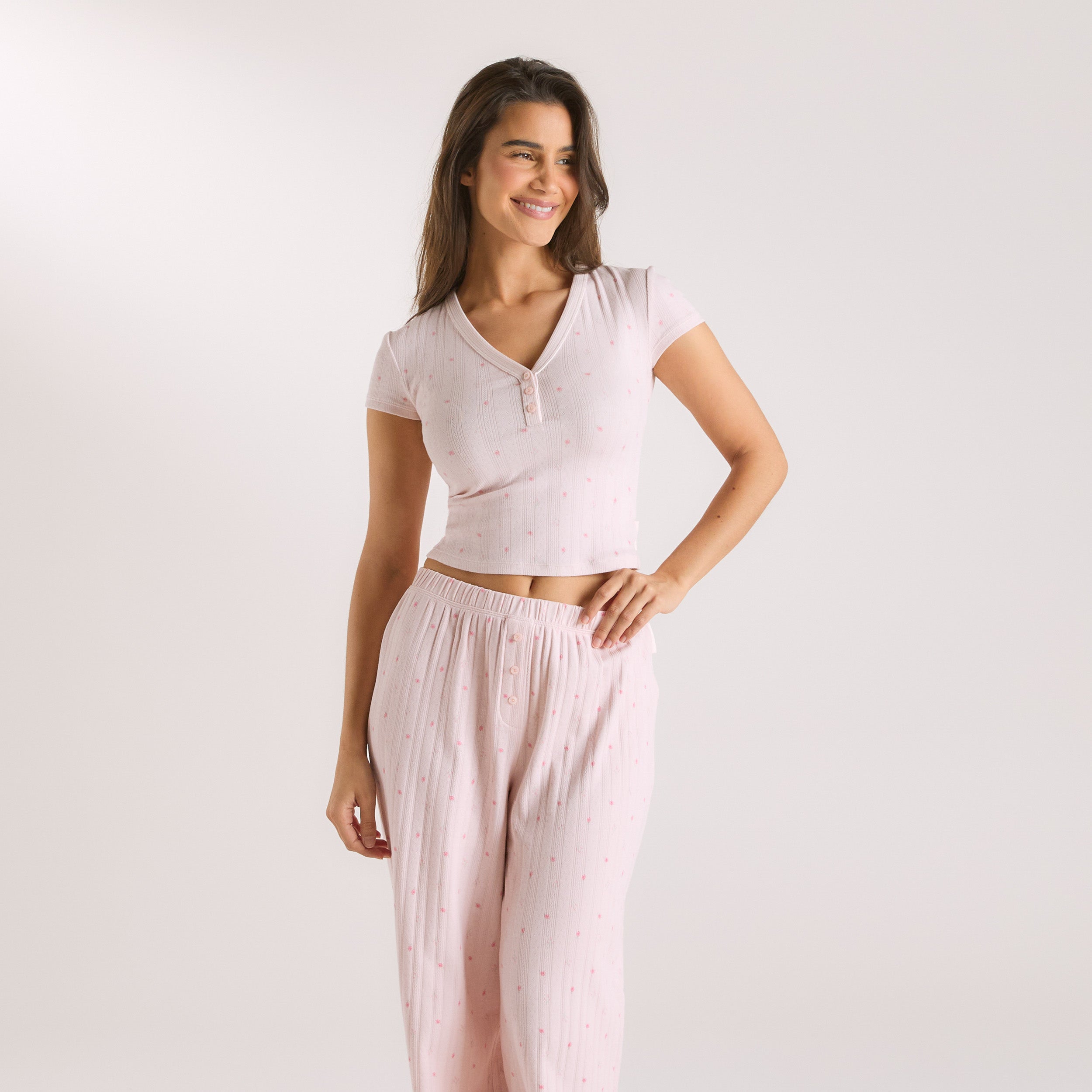 Pointelle Pajama Top - Soft Pink Floral Sleepwear for Women | Comfortable & Breathable Nightwear for Relaxation & Lounging