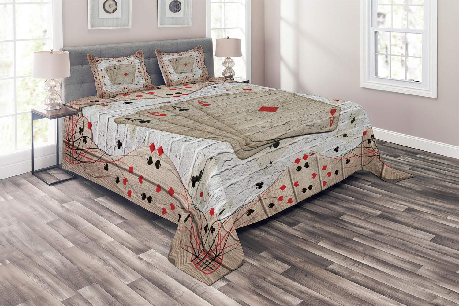 Ambesonne Casino Themed Quilted Bedspread Set - King Size 3-Piece Coverlet with 2 Pillow Shams, Lucky Gambling Cards Design on Grunge Wooden & Brick Background in Vermilion Charcoal Grey | Perfect for Casino Night Decor, Themed Bedrooms & Gift for Poker Lovers