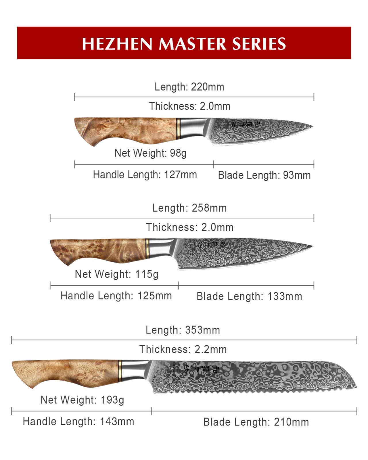 Premium Damascus Steel Kitchen Knives Set - Japanese Style Chef Knife, Utility Knife & Santoku Knife with Figured Sycamore Wood Handle - Perfect for Professional Chefs, Home Cooking & Gourmet Food Preparation