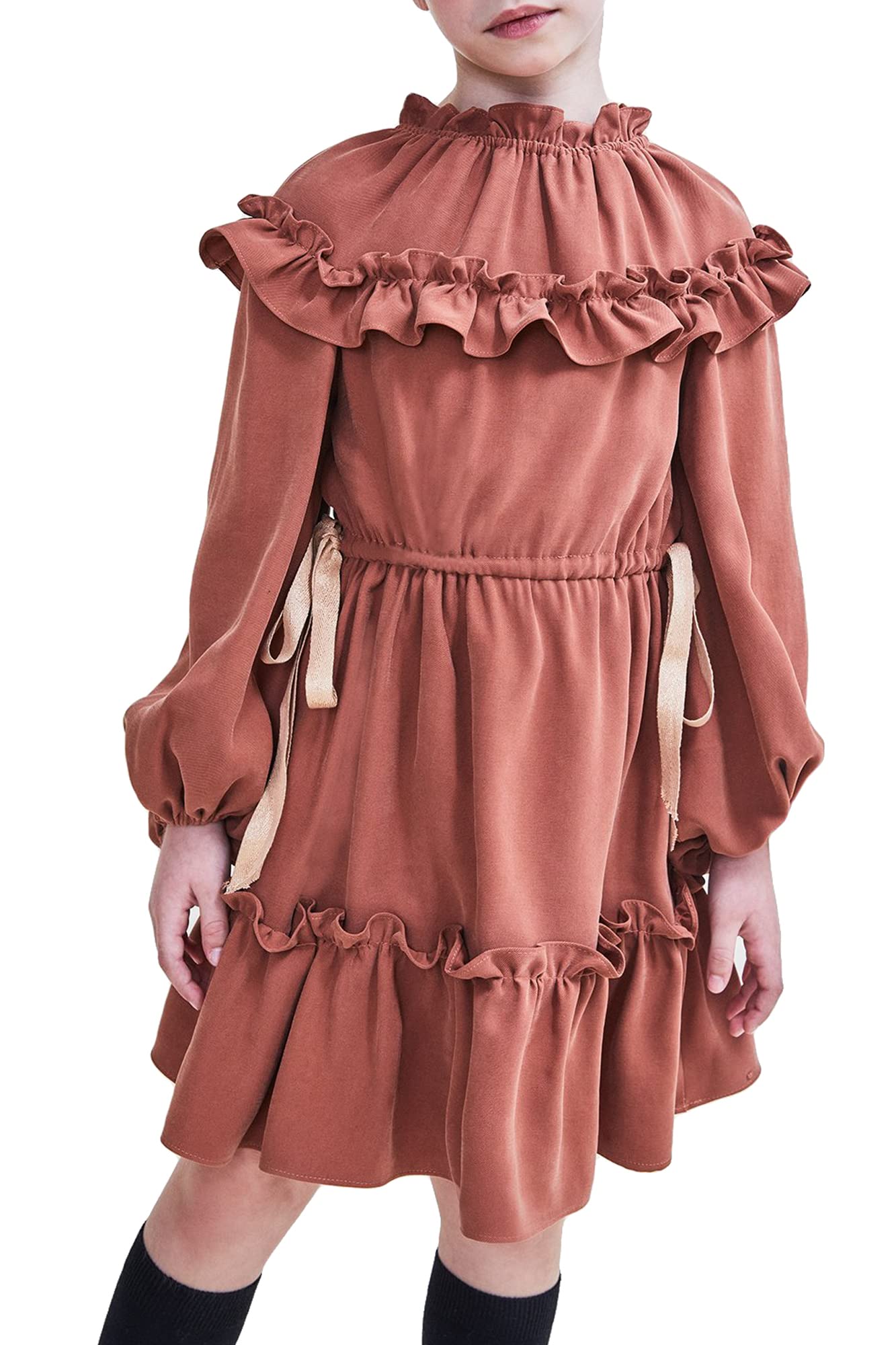 Girl's Sofia Rust Ruffle Dress - Elegant Floral Print Party Outfit for Special Occasions & Family Gatherings