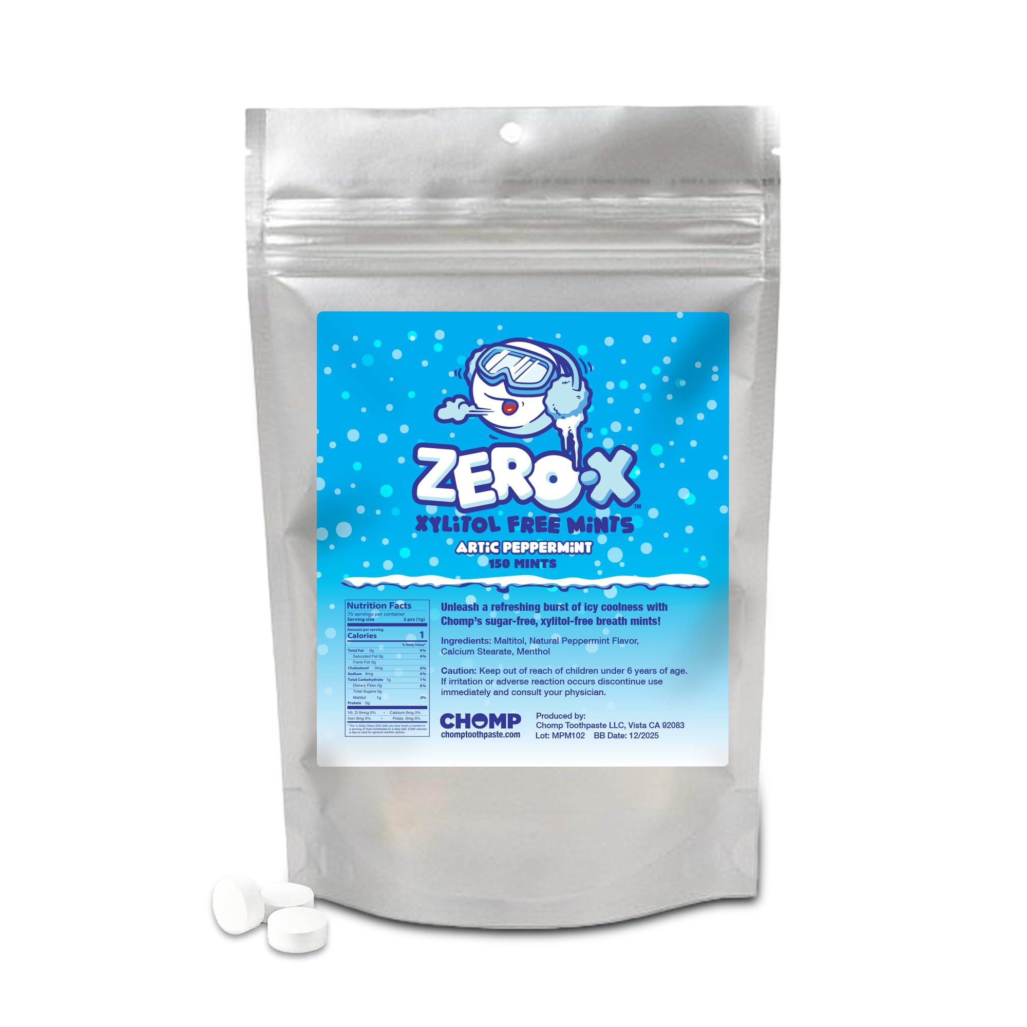Chomp Zero-X Xylitol-Free Peppermint Breath Mints - 150 Count Sugar-Free Mints for Fresh Breath - Perfect for Travel, Office & After Meals