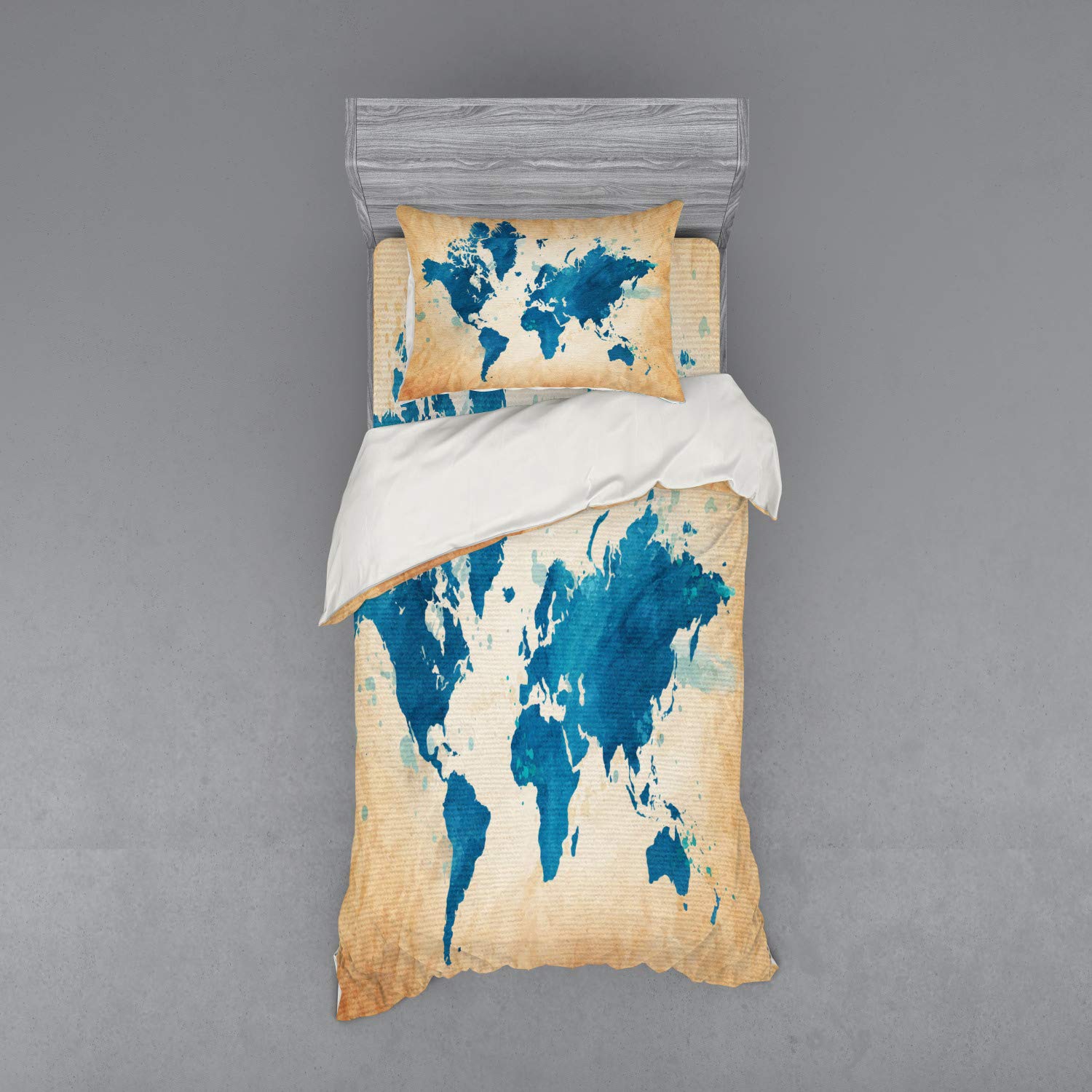Ambesonne Vintage World Map Duvet Cover Set - 3 Piece Twin Size with Watercolor Brushstrokes Design in Navy Blue & Sand Brown | Perfect for Travel Lovers' Bedroom Decor & Themed Guest Rooms
