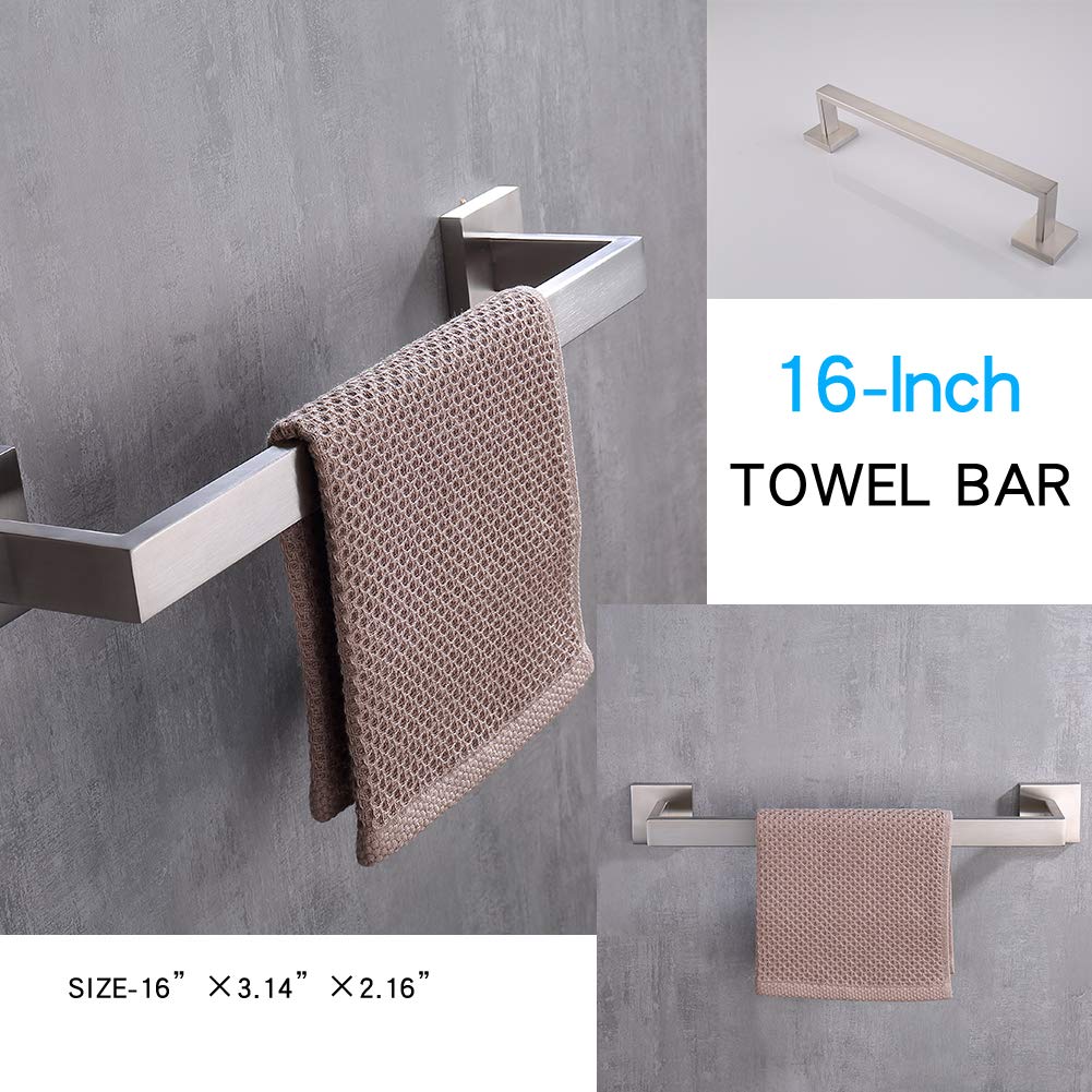TASTOS 3-Piece Brushed Nickel Bathroom Hardware Set - Premium Stainless Steel Wall Mounted Robe Hook, Toilet Paper Holder & 16-Inch Towel Bar (Silver) - Perfect for Modern Bathrooms, Powder Rooms & Spa-Style Decor