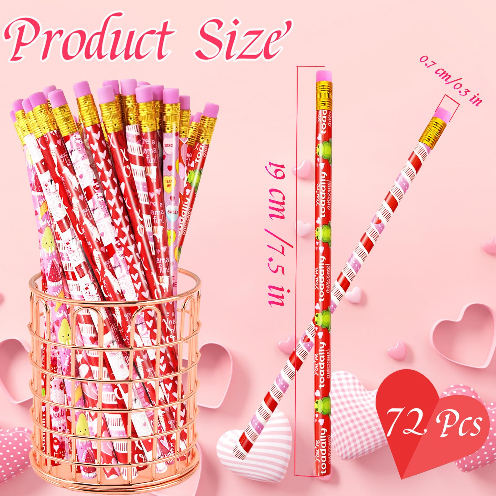72 Pcs Valentine's Day Pencils Bulk - 12 Styles Pink Wood Pencils with Erasers for Kids, Classroom Rewards, Party Favors & Goodie Bag Fillers - Perfect for Valentine's Gifts, School Events & Holiday Celebrations