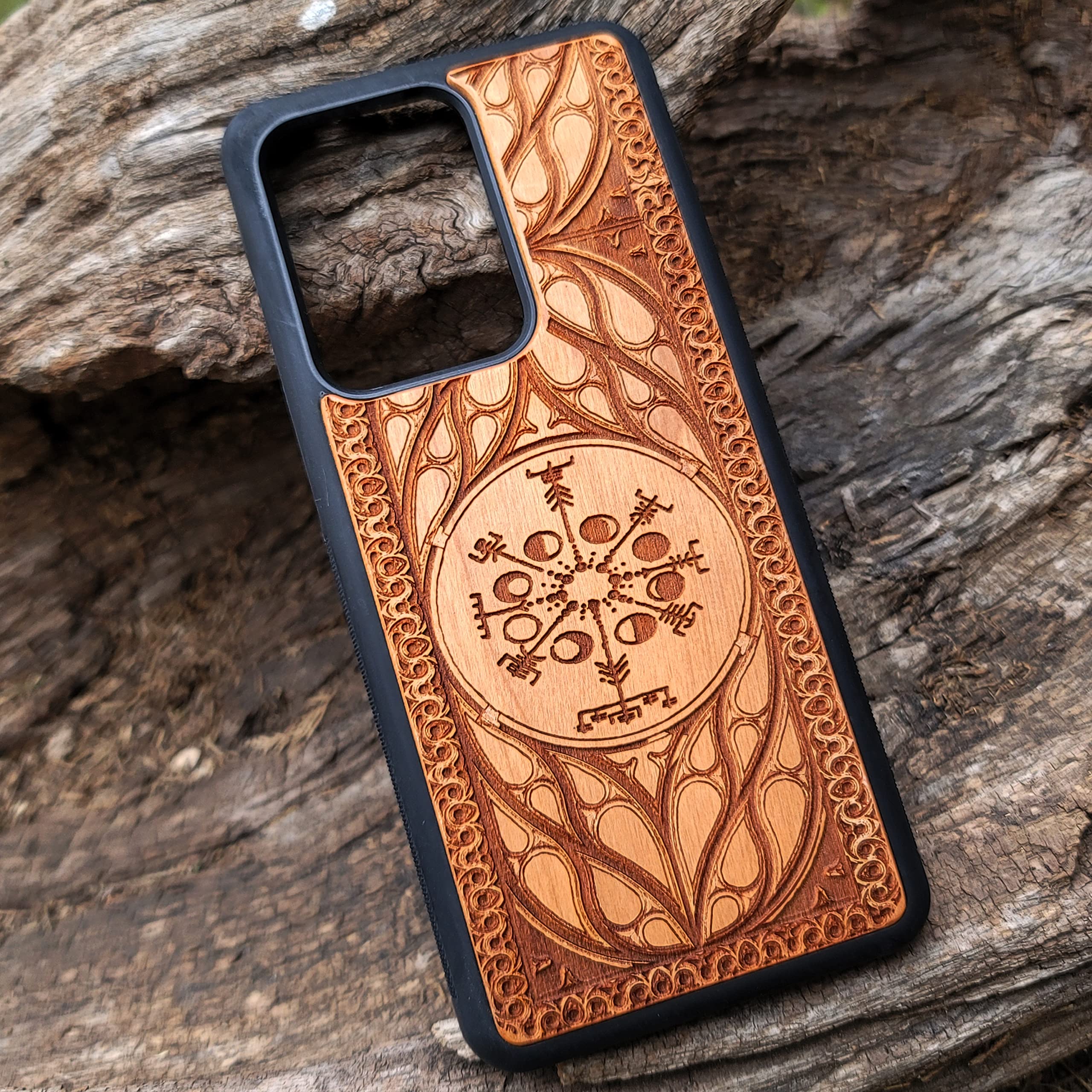 Viking Vegvisir Moon Symbol Laser Engraved Wood Phone Case for iPhone 16/15/14/13/12/11 Pro Max Mini & Samsung Galaxy S25/S24/S23/S22/S21/S20 Ultra Plus - Eco-Friendly Slim Durable Wooden Cover - Perfect for Nature Lovers & Nordic Style Enthusiasts