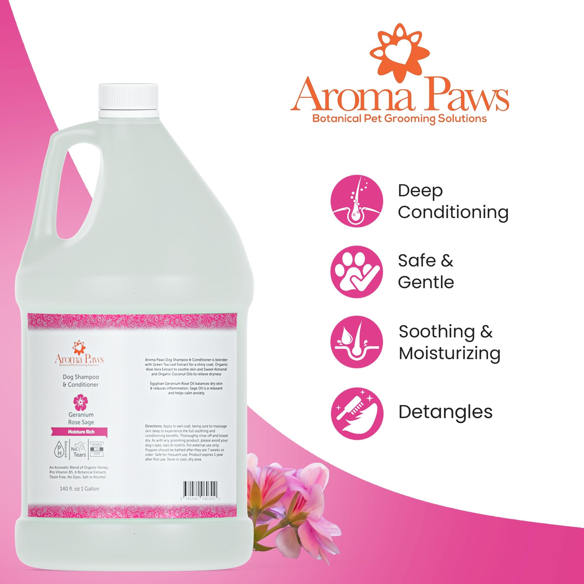Gentle Tearless Dog Shampoo & Conditioner - Moisturizing Geranium Sage Scent for Dogs & Puppies - Cleansing, Grooming & Conditioning Pet Care - 1 Gallon - Perfect for Bath Time & Professional Grooming