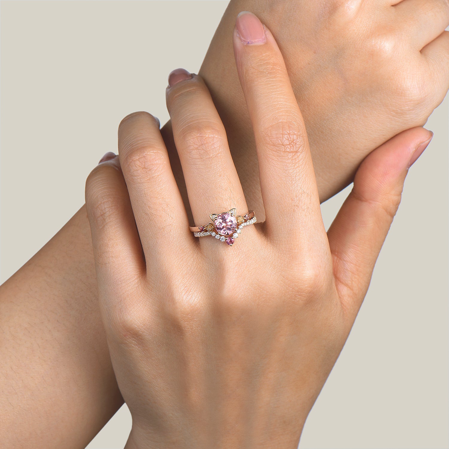 Exquisite Round Cut Padparadscha Sapphire & Diamond Floral Bridal Ring Set – Elegant Cat & Tourmaline Accents for Engagement, Wedding, or Anniversary Gifts