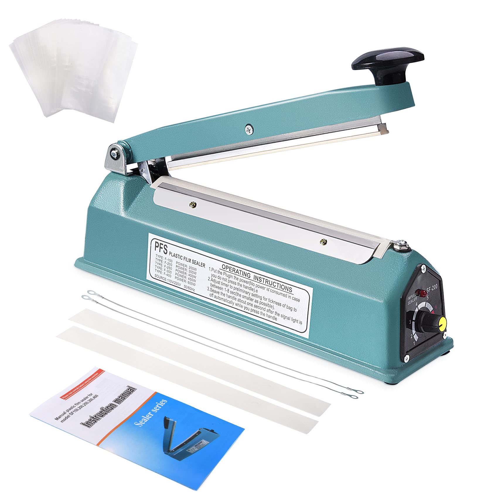 Suteck 8 Inch Impulse Bag Sealer - Manual Poly Bag Sealing Machine with Adjustable Timer & Heat Seal | Includes 50Pcs 4x6 Inch Shrink Wrap Bags + 2 Free Replacement Kits | Perfect for Food Packaging, Retail, and Shipping Protection