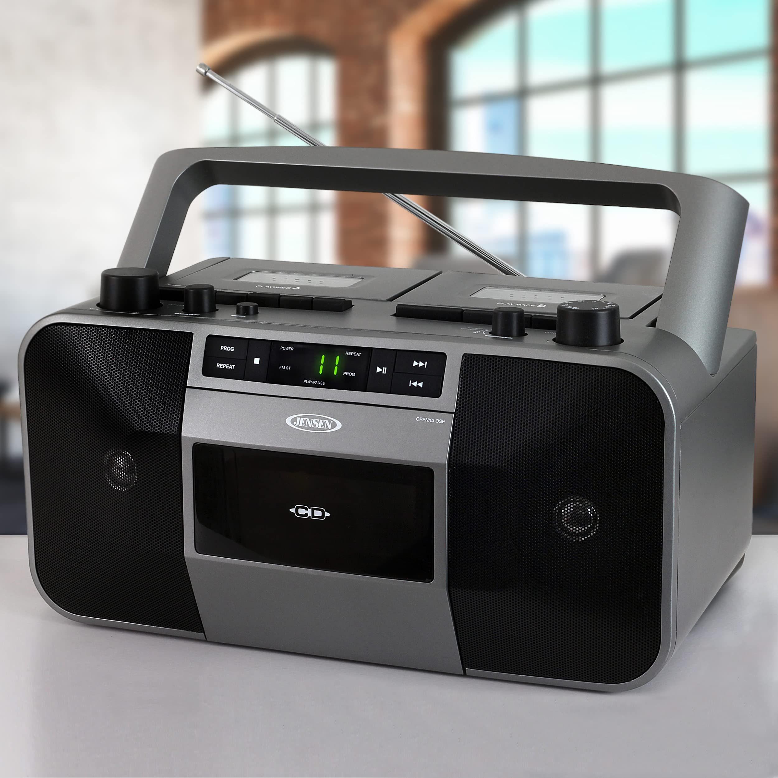 JENSEN MCR-1500 Portable Stereo CD Player with Dual Cassette Deck & AM/FM Radio - Gray | Perfect for Home, Office, and Travel Music Entertainment