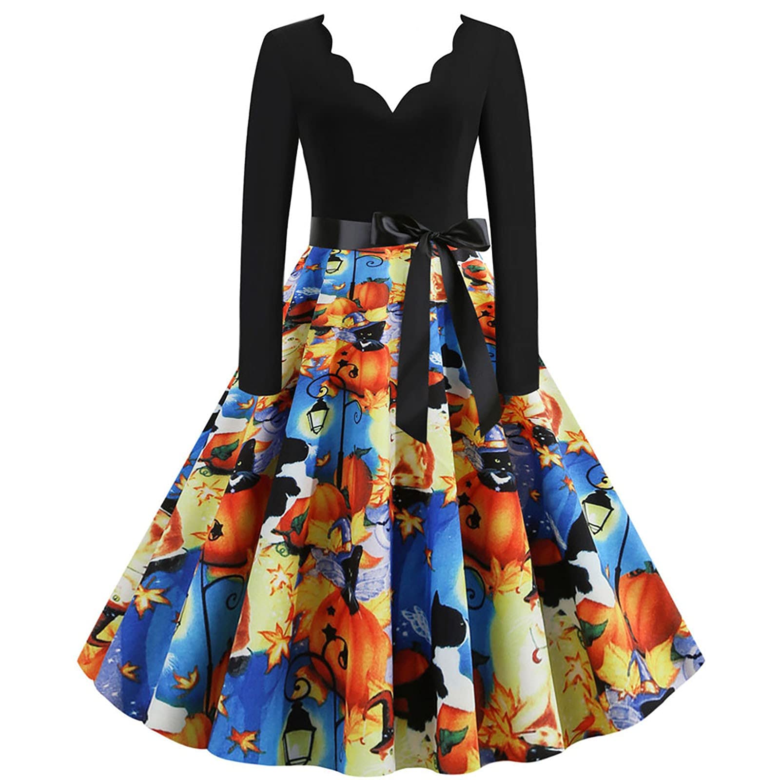 Women's Halloween Skeleton Pumpkin Printed Long Sleeve Cocktail Swing Dress - Elegant Cosplay Party Costume & Maxi Dress for Halloween Parties, Costume Events & Spooky Celebrations