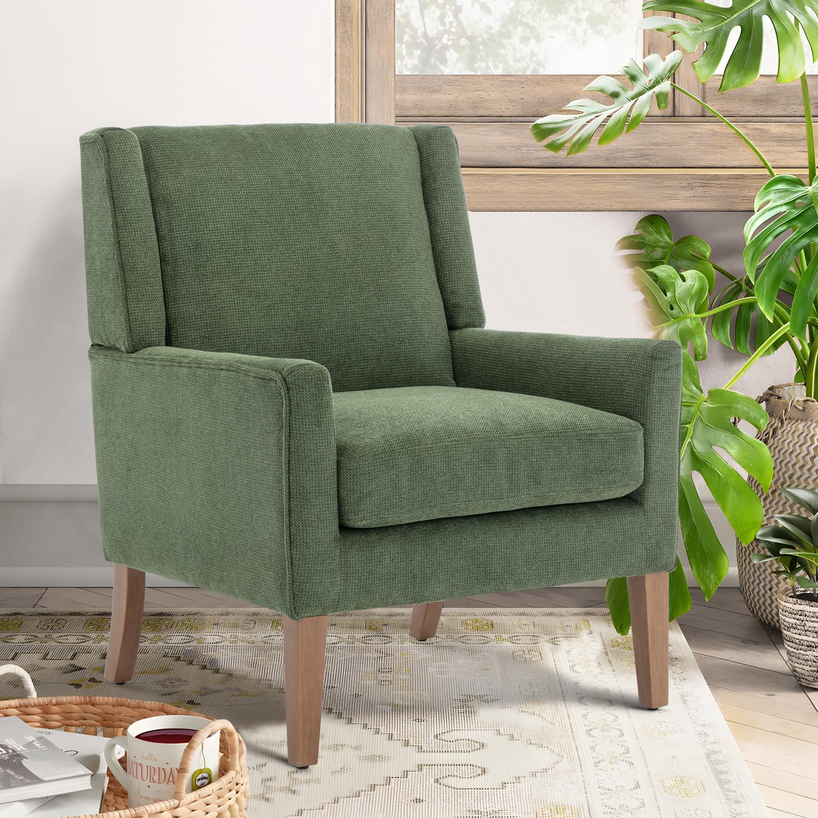 COLAMY Modern Wingback Fabric Upholstered Accent Armchair with Wood Legs - Green Lounge Chair for Living Room, Bedroom, Office & Reading Nook - Perfect for Relaxing, Working & Decorating Spaces