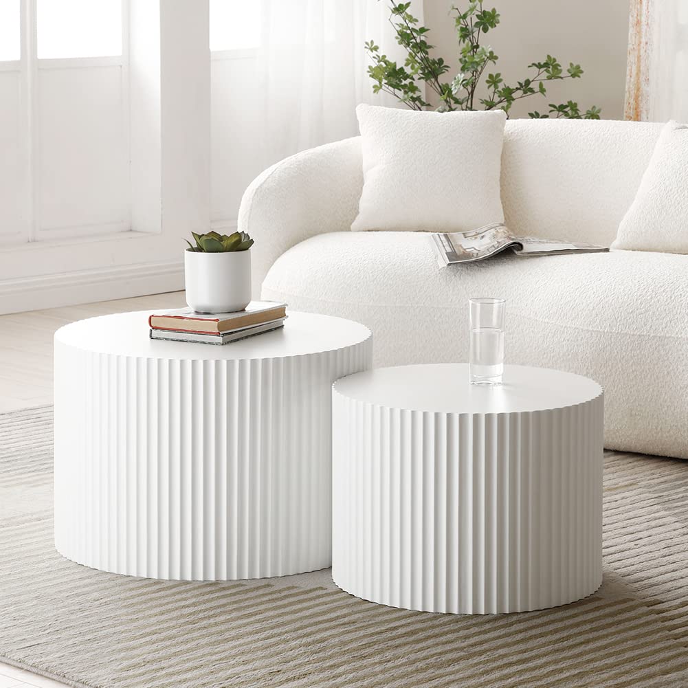 Modern White Round Nesting Coffee Table Set of 2 - Fluted Side Tables with Contemporary Circle Design for Living Room, Office - Perfect for Small Spaces, Coffee Corner & Lounge Areas