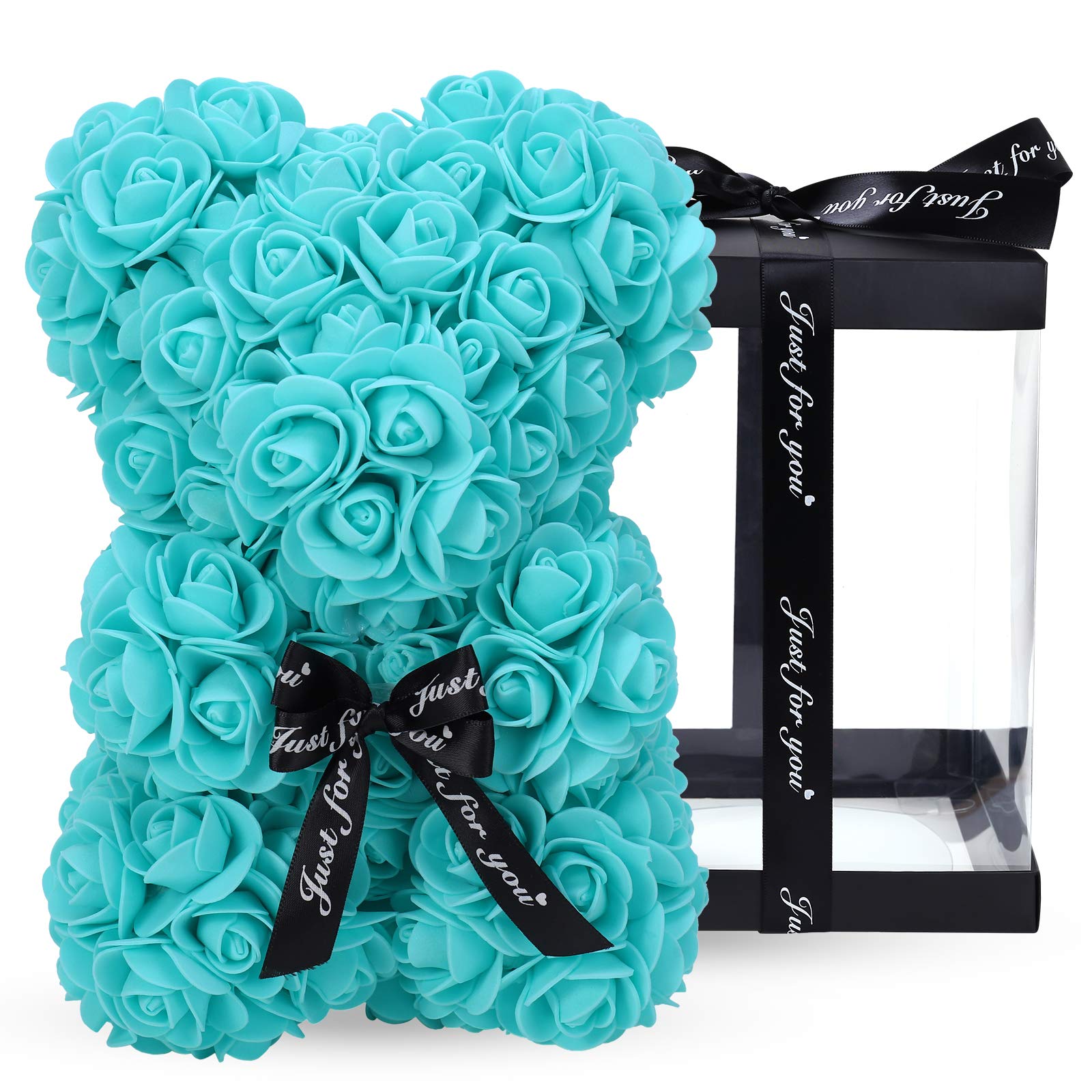 LINKLO 10-inch Rose Teddy Bear - Artificial Rose Flower Bear Gift for Wedding, Mother's Day, Anniversary - Includes Transparent Gift Box (T Blue) - Perfect for Romantic Surprises, Birthday Presents & Home Decor