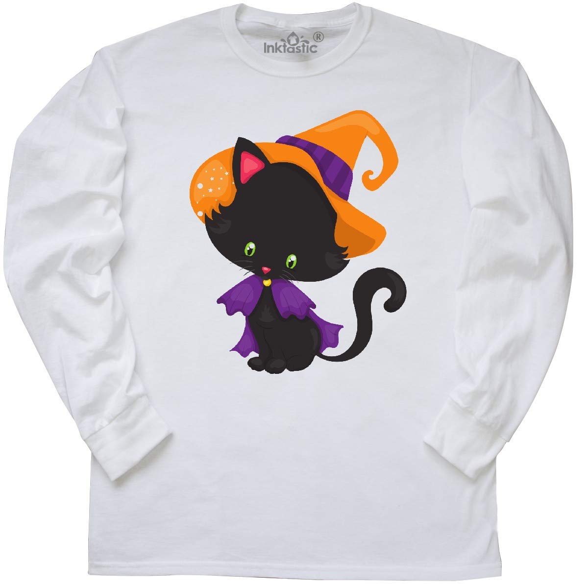 Inktastic Halloween Cat T-Shirt - Cute Black Cat with Witch Hat Long Sleeve Top for Women | Perfect for Halloween Costumes, Fall Festivals & Spooky Party Outfits