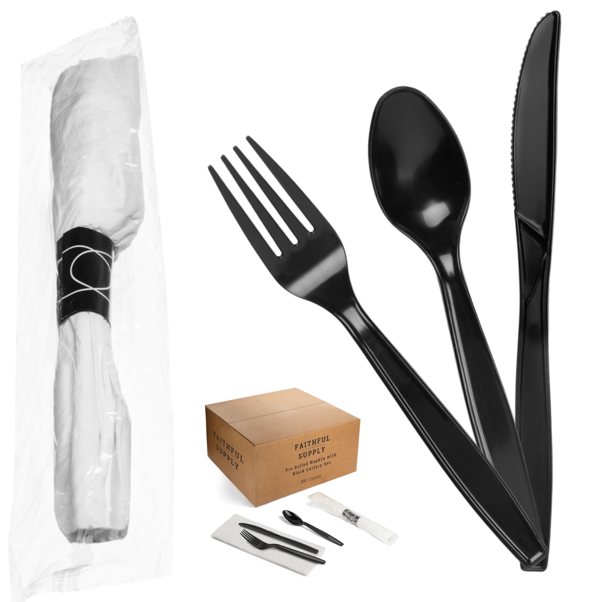 200-Piece Black Pre-Wrapped Disposable Cutlery Set with Napkins - Elegant Plastic Silverware for Parties, Weddings & Catering - Perfect for Events, Picnics & Office Lunches