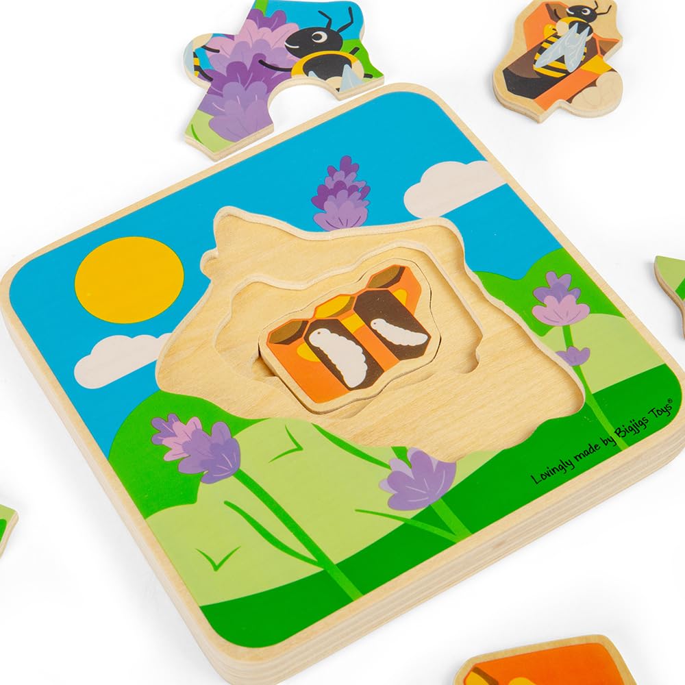 Bigjigs Toys Bee Lifecycle Puzzle - Educational Wooden Jigsaw Puzzle for Toddlers Ages 2-4 | 4-Piece Chunky Kids Puzzle | STEM Learning Toy for Preschoolers | Perfect for Classroom, Homeschool & Montessori Activities