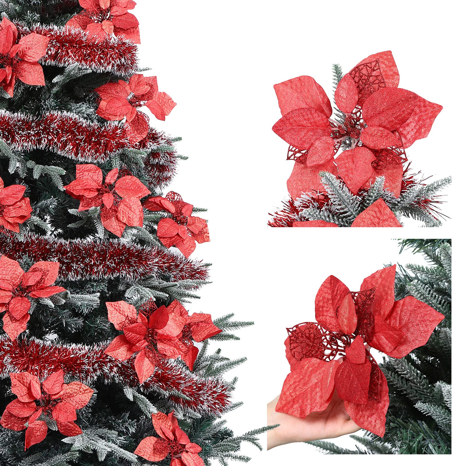 GARVEE 15-Piece Christmas Glitter Poinsettia Clips Set - 8.7inch/22cm Red Artificial Flowers for Holiday Wedding Home Decor - Perfect for Christmas Trees, Wreaths, Gifts & Festive Table Centerpieces