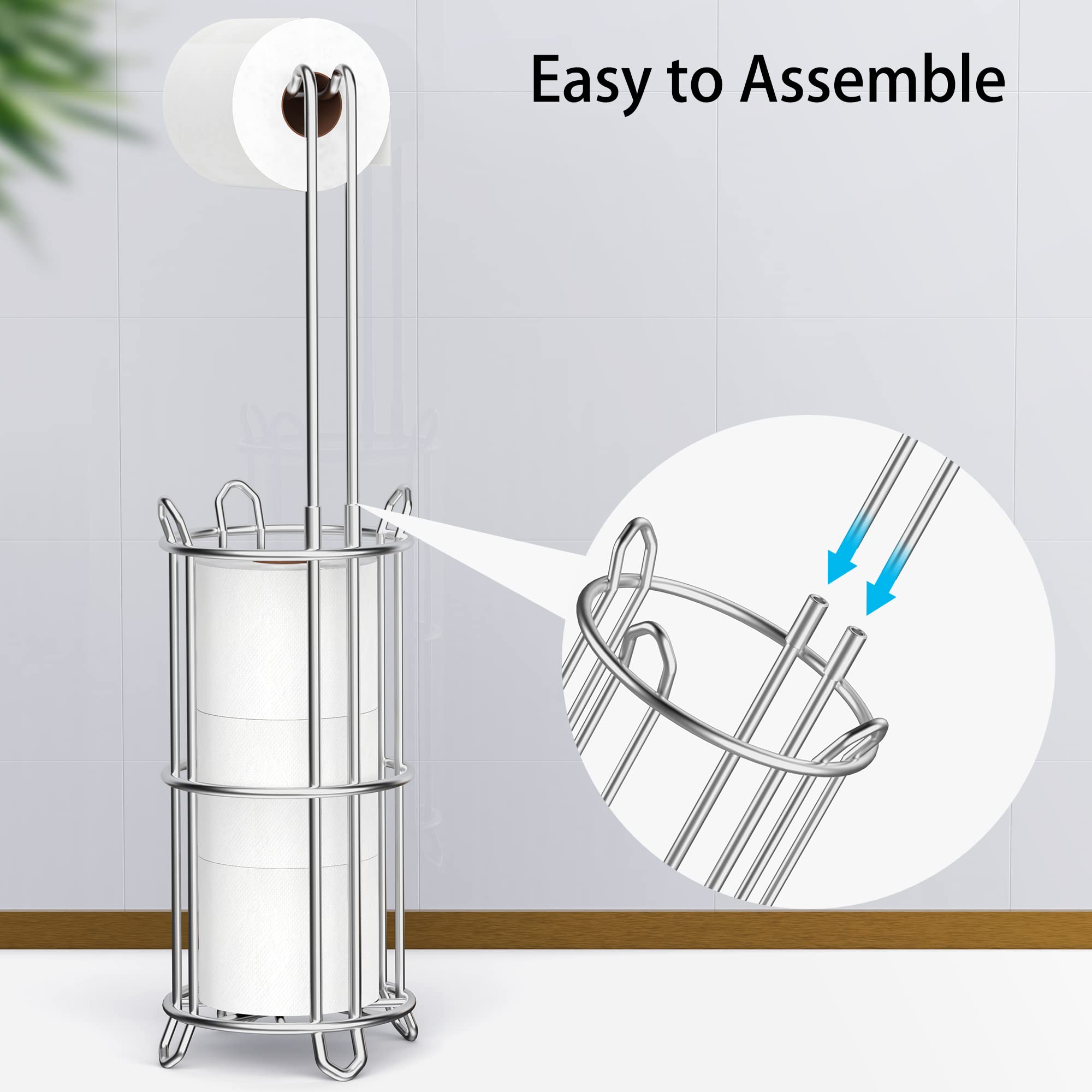 Meangood Free Standing Toilet Paper Holder Stand - Metal Wire Tissue Roll Dispenser for 4 Mega Rolls, Bathroom Storage Rack (Silver) | Perfect for Home, Office & RV Bathroom Organization