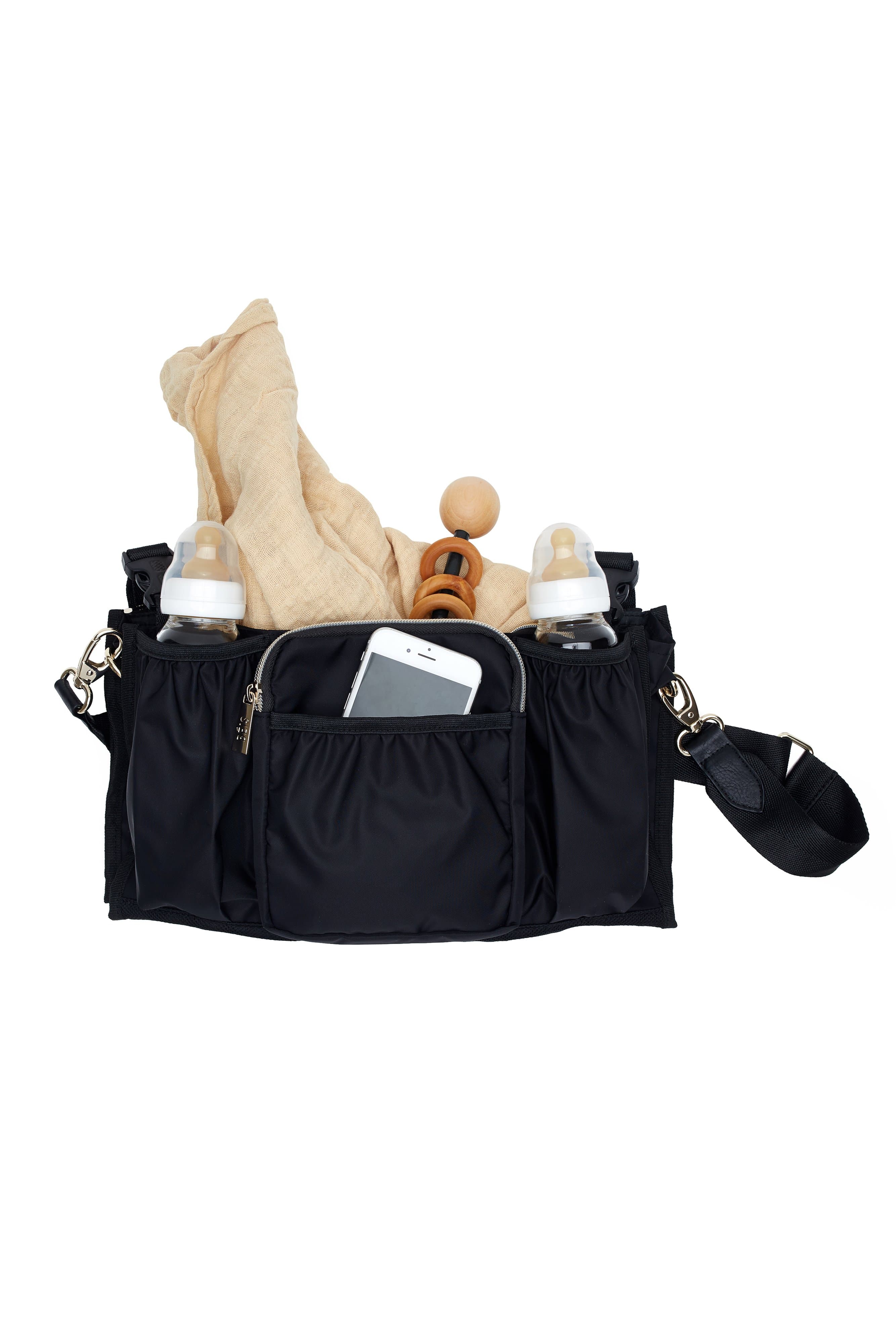 Black Stroller Caddy Organizer - Universal Fit for Baby Strollers, Perfect for Diapers, Bottles & Essentials - Ideal for Shopping, Walks & Travel
