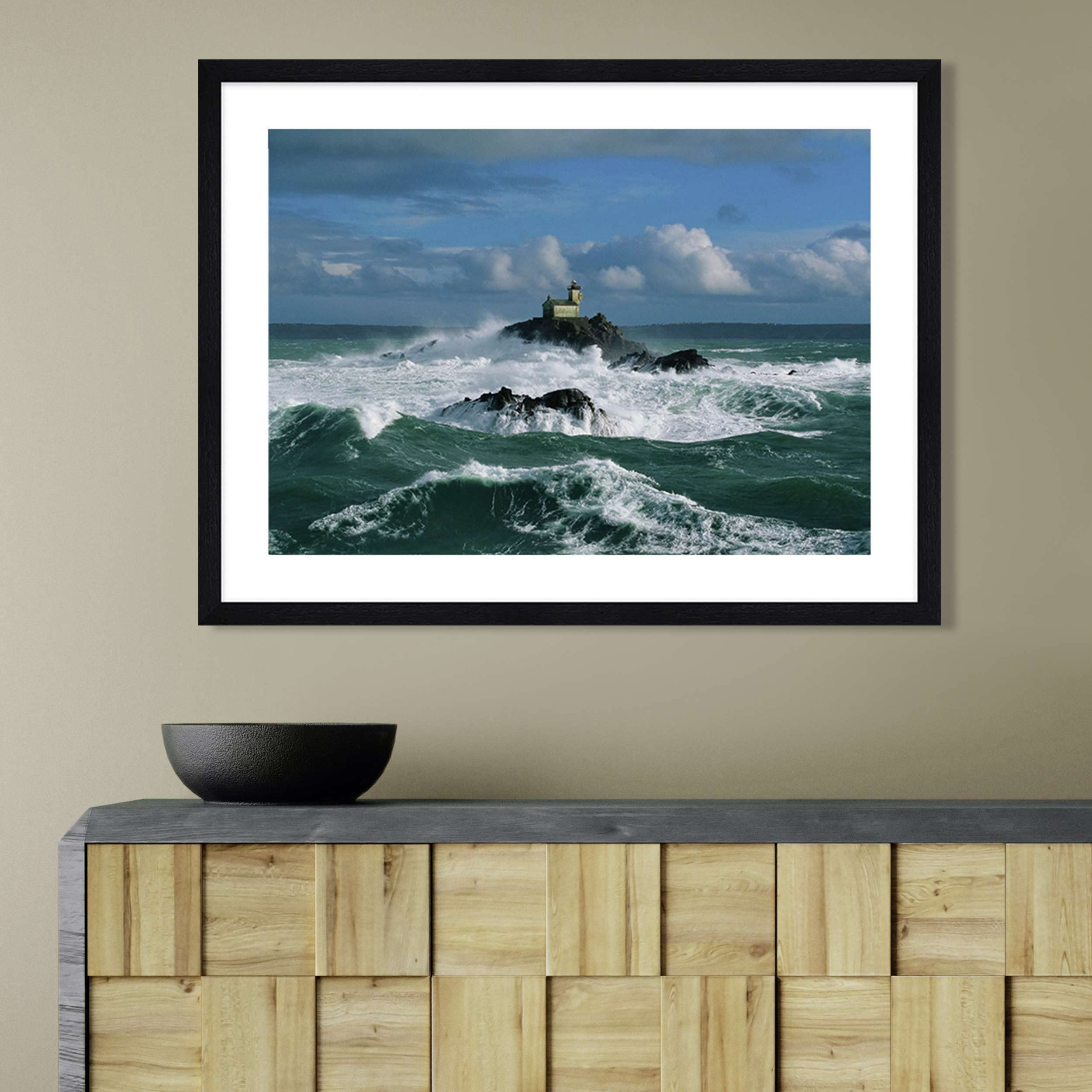 Jean Guichard Lighthouse Art Print - Framed Tévennec Lighthouse Photo Canvas Wall Decor for Living Room, Bedroom & Office