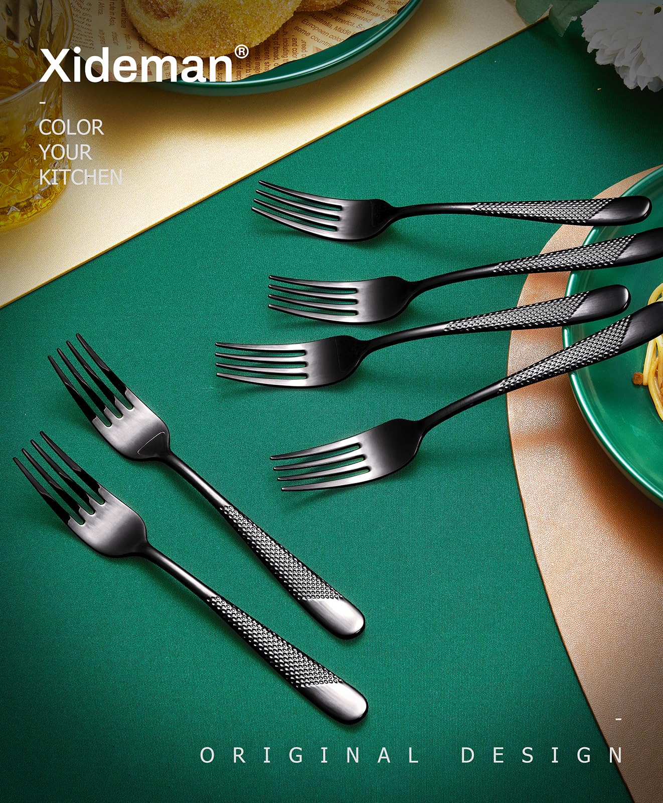 Xideman® 12-Piece Premium Hammered Salad Forks Set - 6.7 Inch 18/10 Stainless Steel Mirror Polished Silverware - Elegant Dessert Forks for Home Kitchen & Restaurant Use - Dishwasher Safe Black Cutlery - Perfect for Dinner Parties, Weddings & Fine Dining