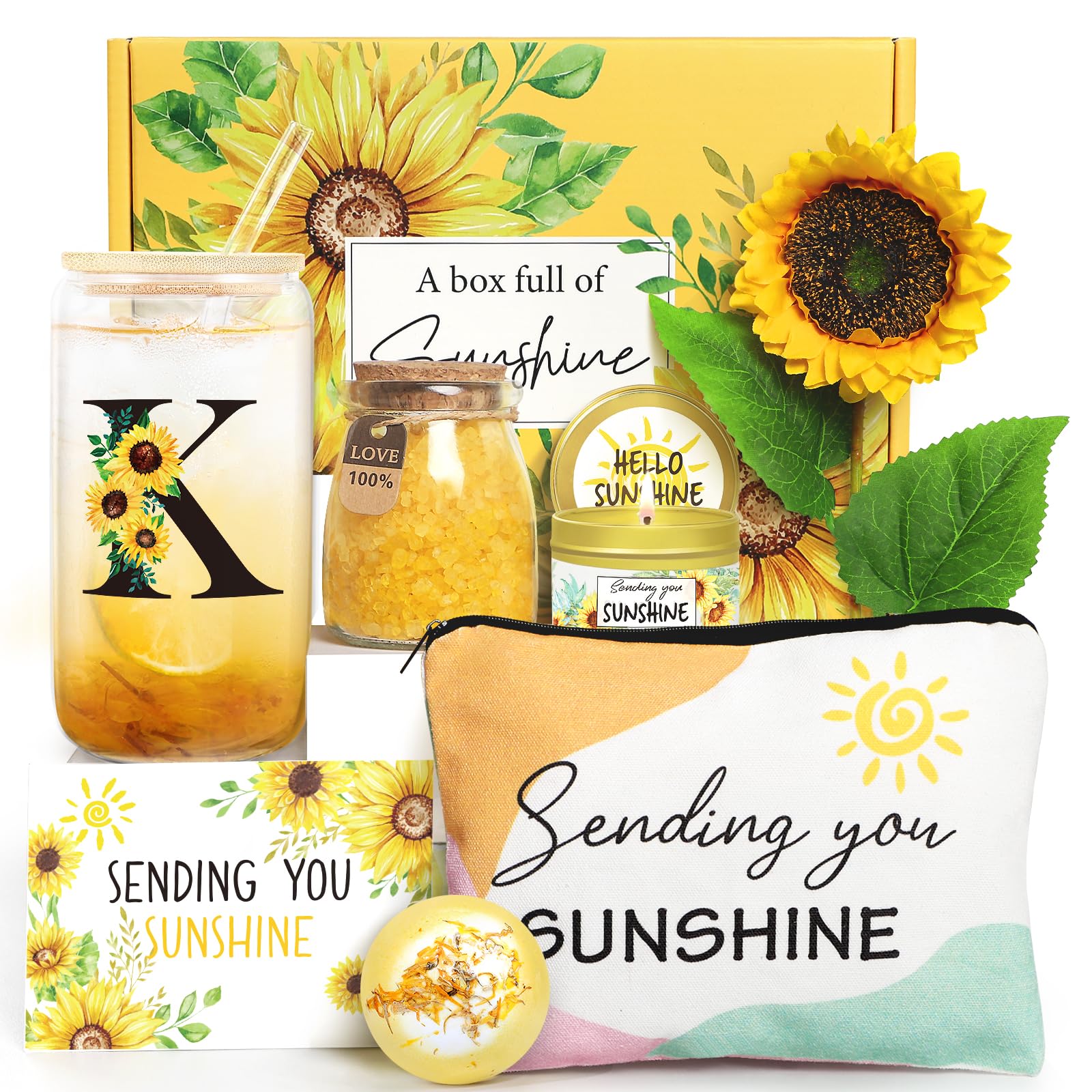 Personalized Sunflower Initial Gifts for Women - Monogrammed Get Well Soon & Birthday Gifts - Self Care Spa Gift Baskets with Sunshine Theme - Perfect for Recovery, Relaxation & Special Occasions