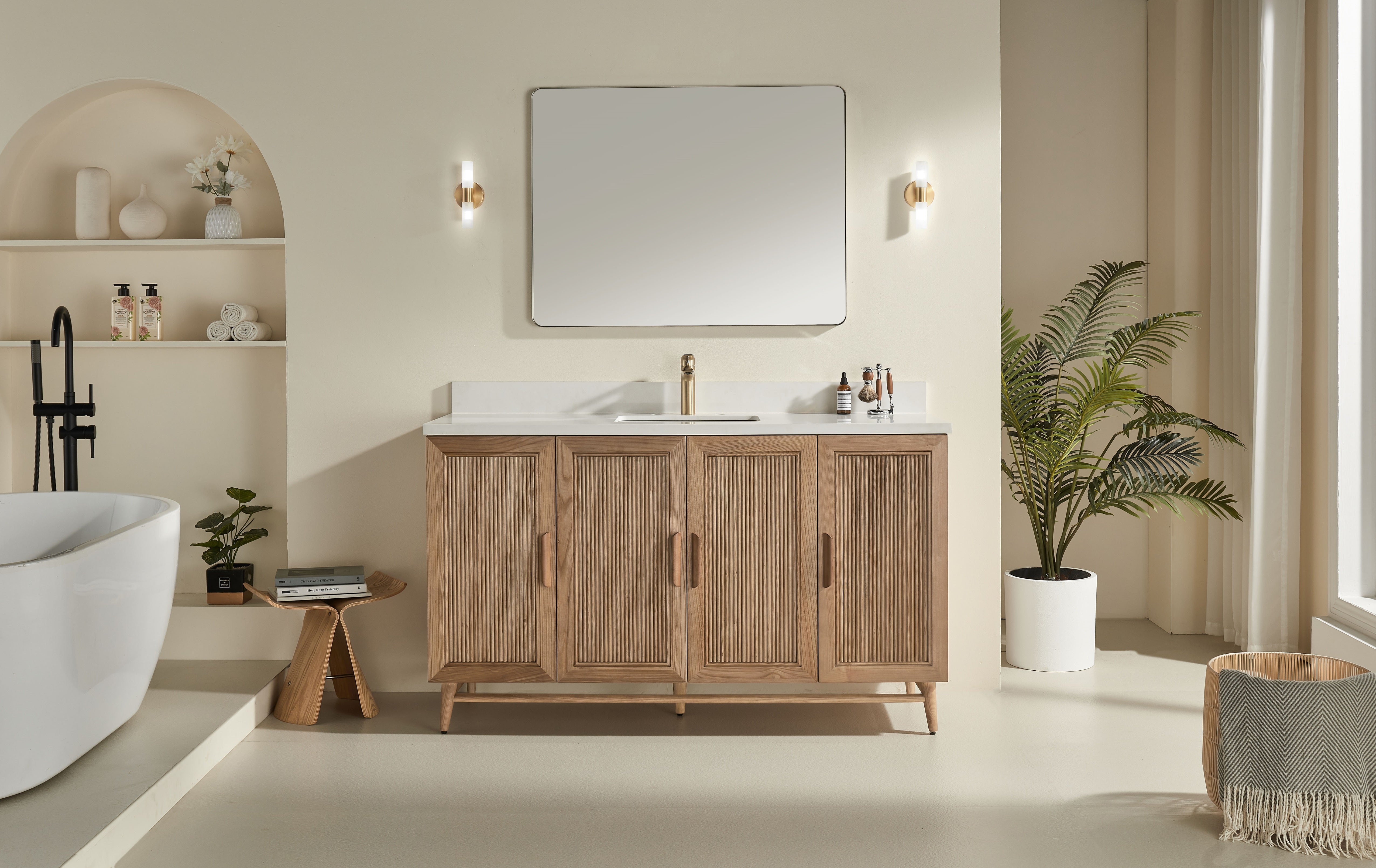 Antique Oak Floor Standing Bathroom Vanity with White Quartz Countertop - 60