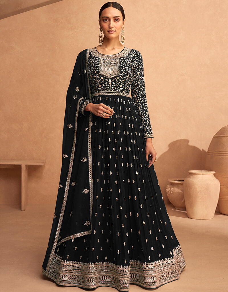 Elegant Black Faux Georgette Anarkali Pant Suit for Women - Perfect for Weddings, Parties & Festive Occasions