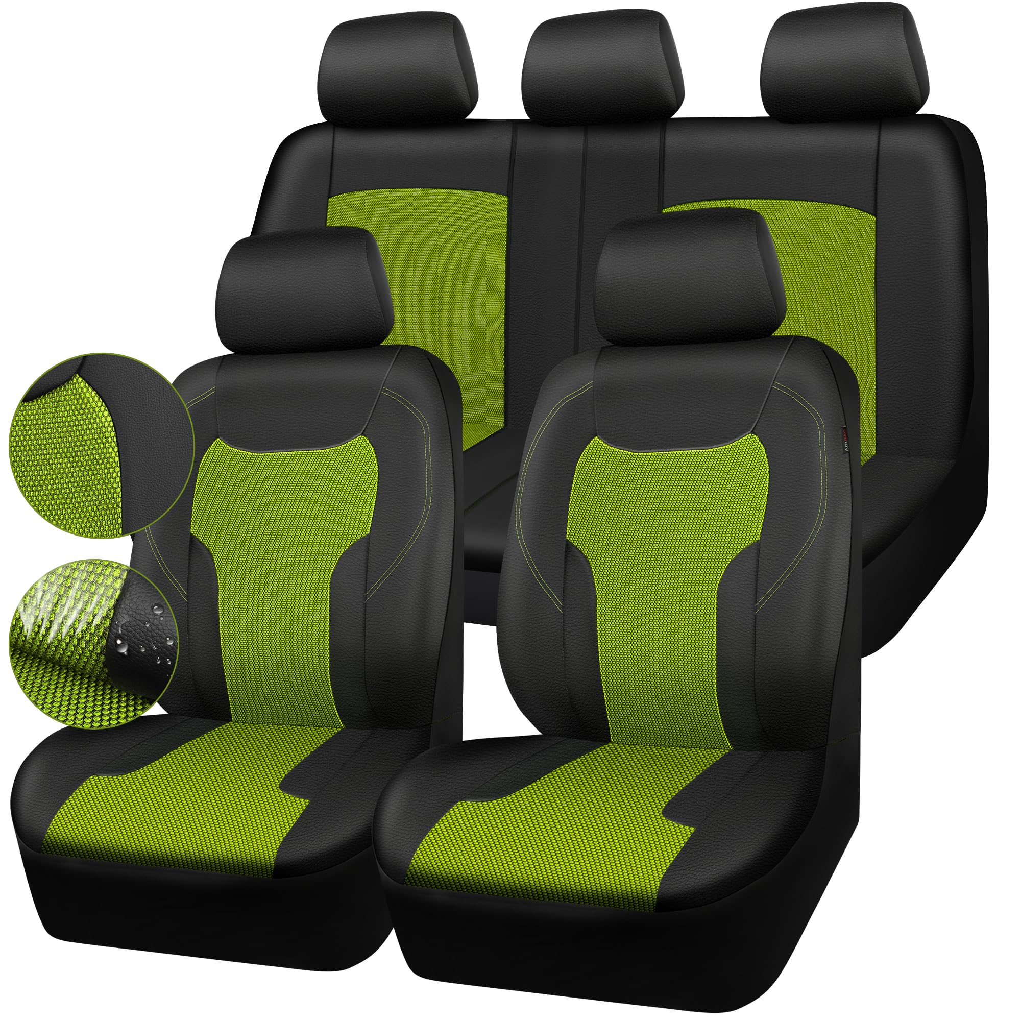 Premium Leather & Air Mesh Car Seat Covers Full Set - Universal Fit for Cars, Trucks, SUVs & Sedans | Airbag Compatible, Breathable Design | Black & Green Color | Perfect for Road Trips, Daily Commute & Interior Protection