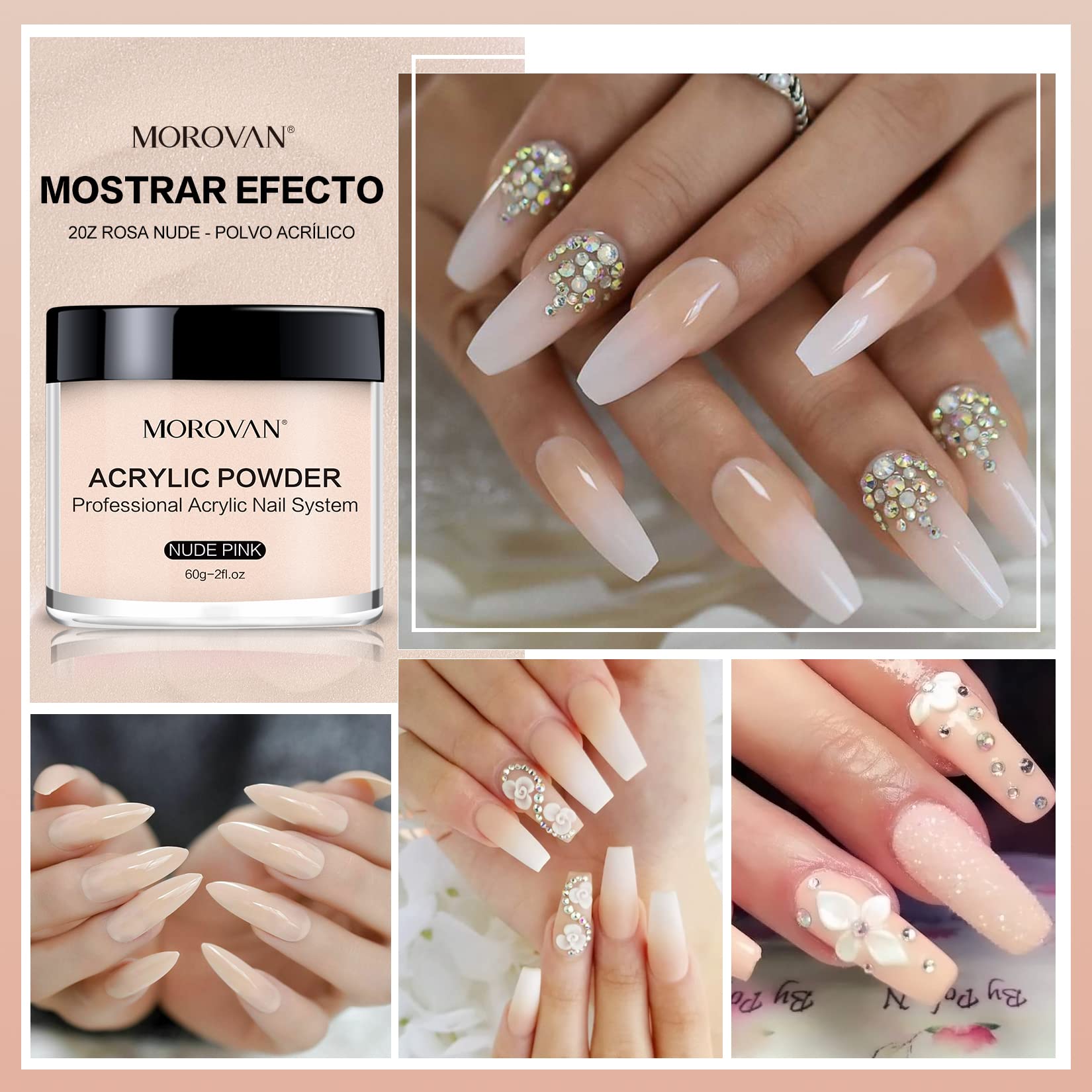 Morovan Nude Pink Acrylic Powder 2oz - Professional Polymer Nail Powder for Acrylic Nail Extensions, Sculpting & Carving | Perfect for Salon, Home Manicures & Nail Art Designs