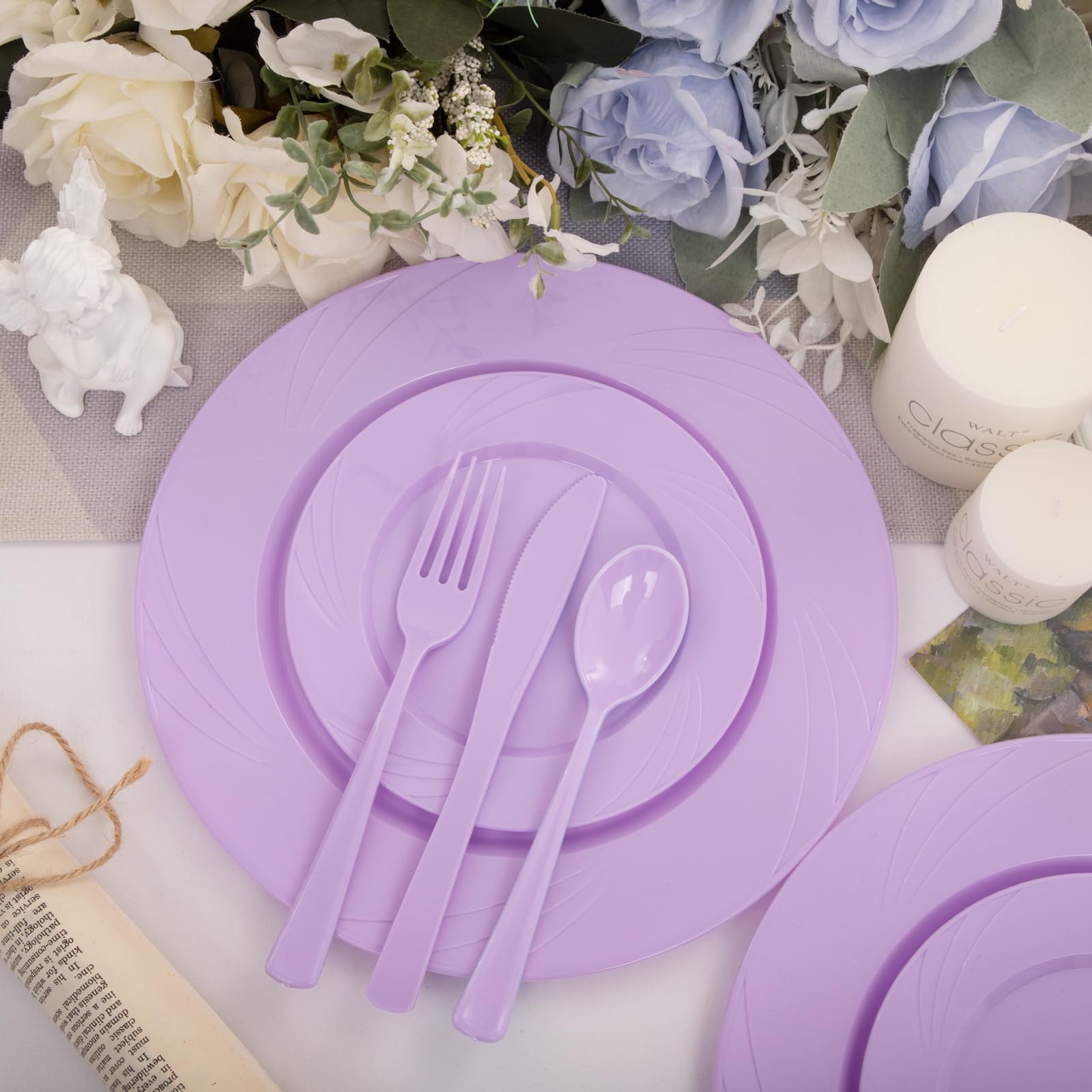 125-Piece Purple Plastic Dinnerware Set - 25 Lavender Plates, 25 Dessert Plates, 25 Forks, 25 Knives, 25 Spoons - Disposable Tableware for Wedding, Birthday Party, Mardi Gras, Picnic & Outdoor Events