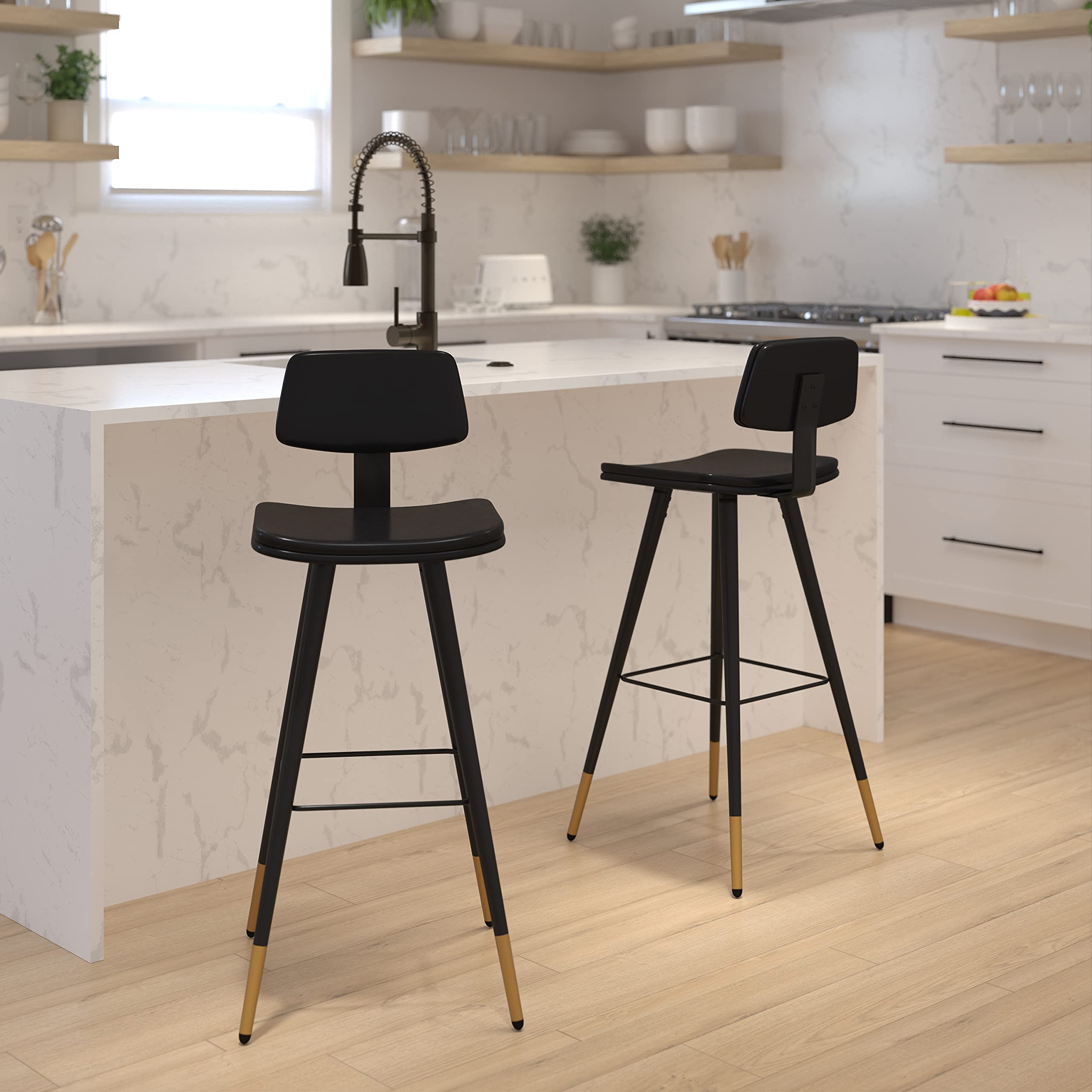 EMMA + OLIVER Set of 2 Commercial Grade Black LeatherSoft Barstools with Gold Tipped Iron Legs - Modern Kitchen Counter Stools for Dining, Bar & Home Decor