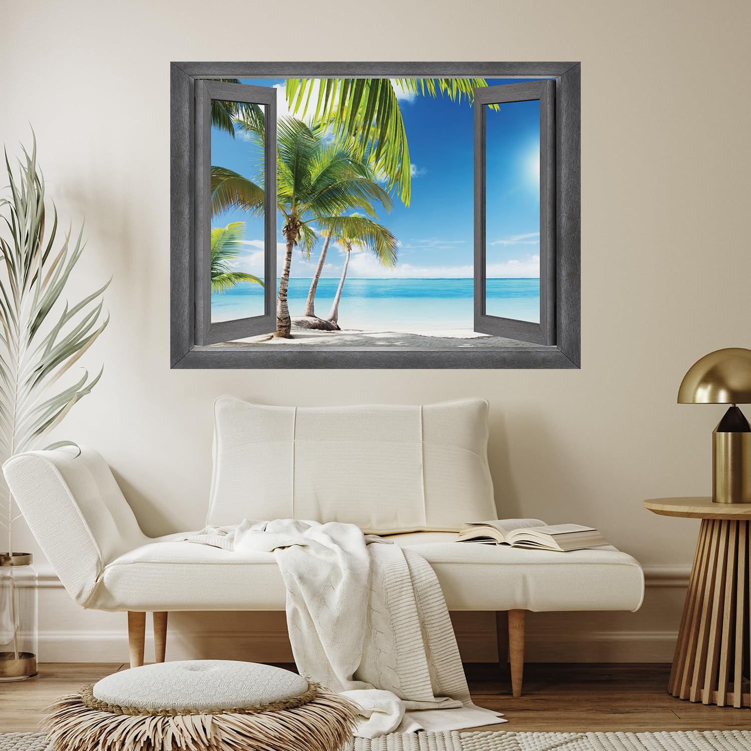 Wall26 - Open Window Tropical Palm Tree Paradise Wall Mural - Removable Peel & Stick Wall Decal - 36x48 Inches Home Decor - Perfect for Living Room, Bedroom, Office & Nursery Wall Art