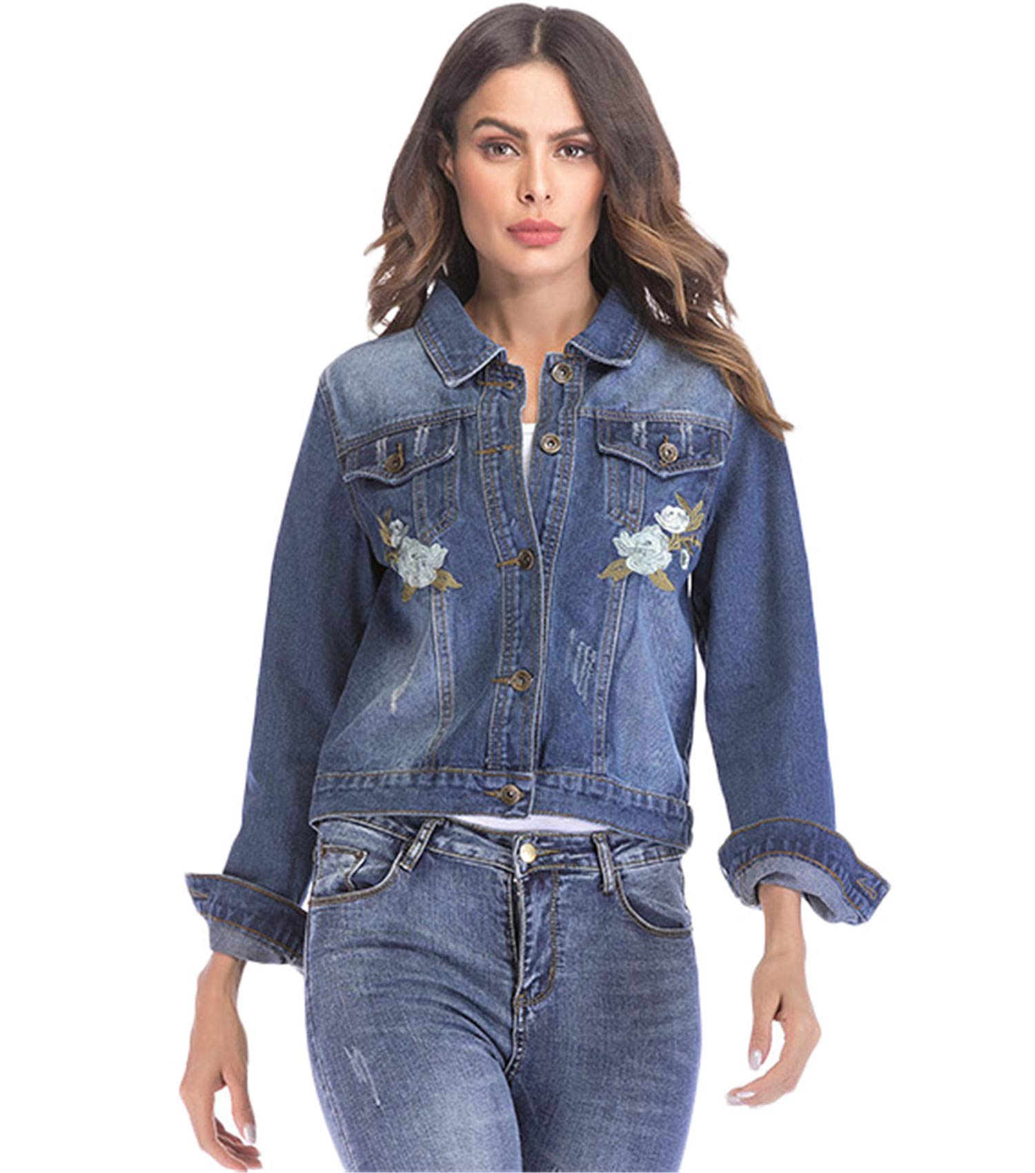 Andongnywell Women's Embroidered Floral Denim Jacket - Stylish Casual Jean Jacket for Spring & Fall | Perfect for Outdoor Activities, Dating & Street Fashion
