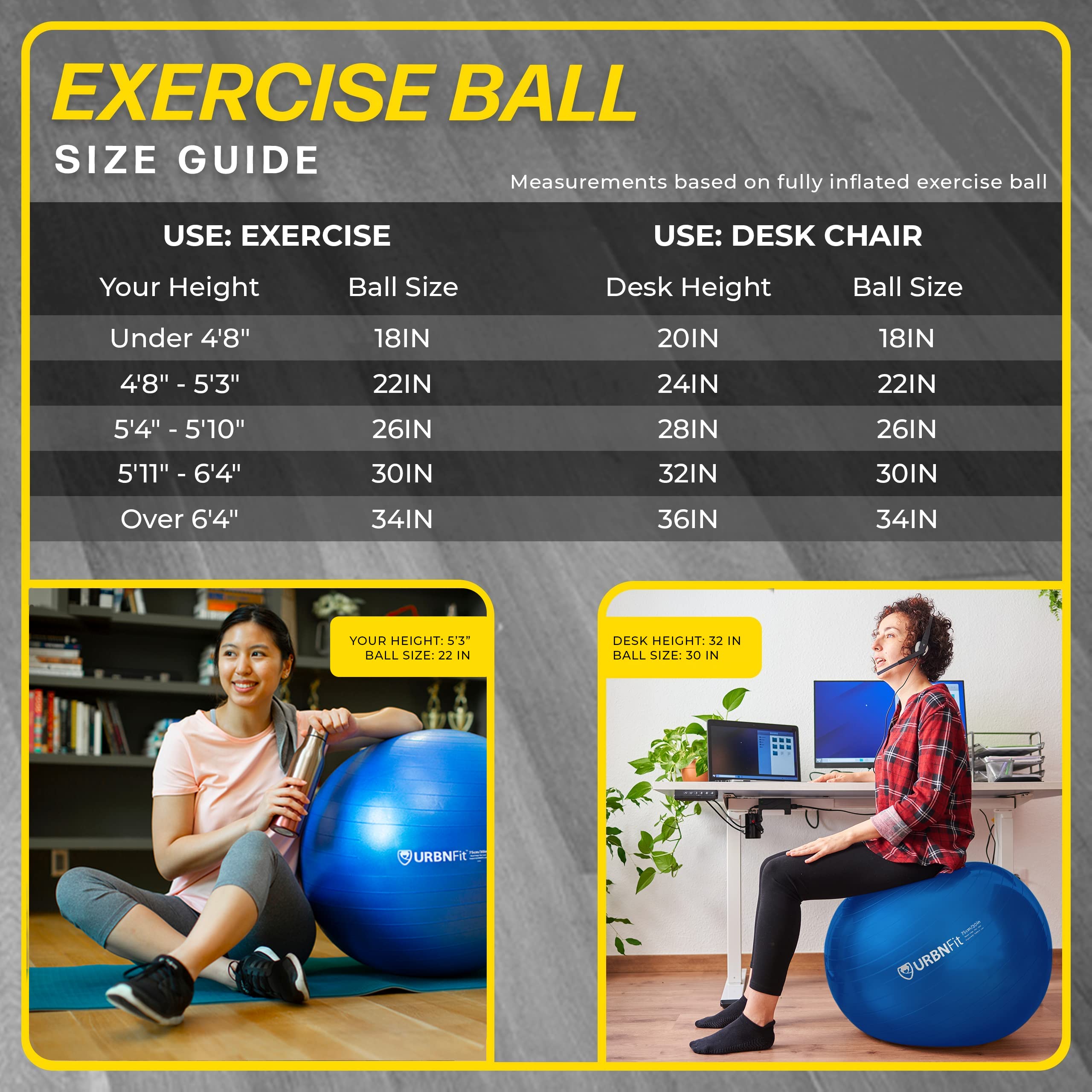 URBNFit Anti-Burst Exercise Ball - Premium Yoga & Stability Ball for Workouts, Pregnancy, Office & Gym - Includes Quick Pump - Perfect for Home Fitness, Pilates, Physical Therapy & Posture Support