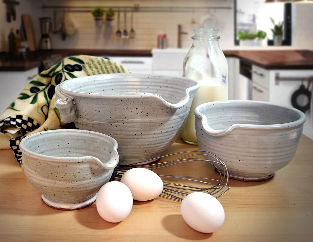Modern Artisans American Made Stoneware Pottery Batter Bowls - 3-Piece Nesting Set with Classic All-White Glaze | Perfect for Baking, Mixing & Serving | Durable Kitchen Essentials for Home Cooks & Professional Chefs