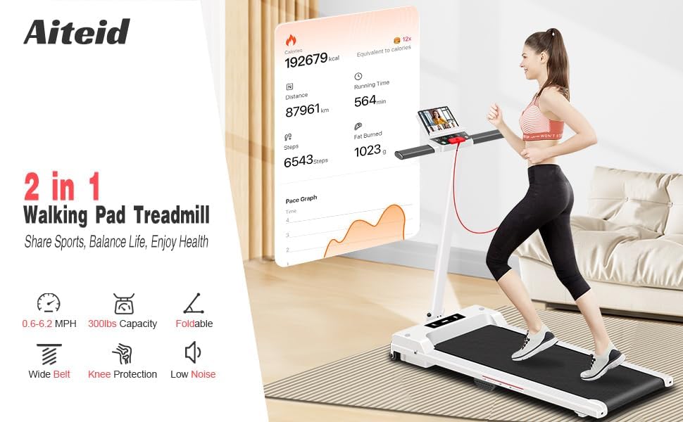Compact Folding Treadmill for Home Use - 300 lb Capacity Portable Walking Pad with Handle Bar & Remote Control - Perfect for Home Office, Small Spaces & Under Desk Workouts (White)