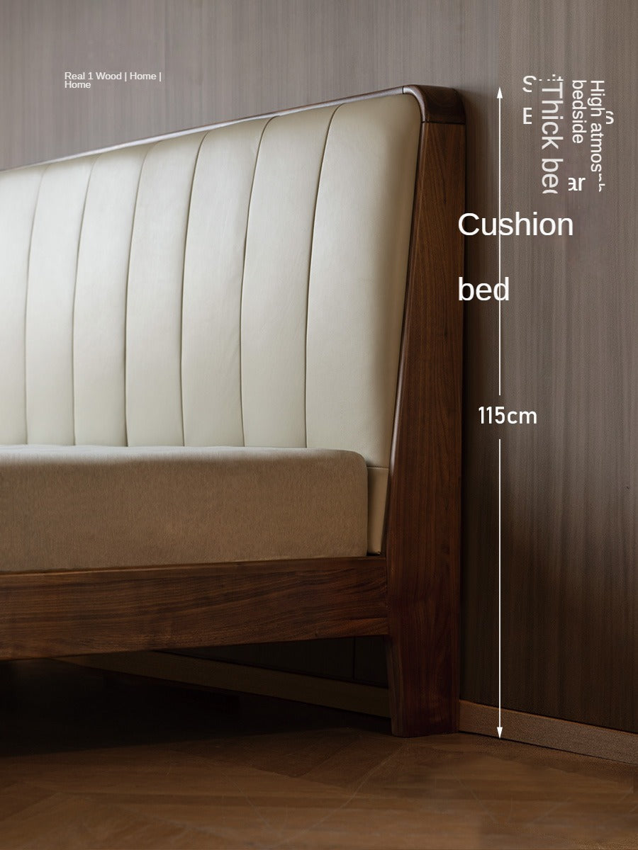 Premium Black Walnut Solid Wood Bed with Genuine Leather Upholstery - USB Charging Ports Included - Perfect for Master Bedrooms & Guest Rooms