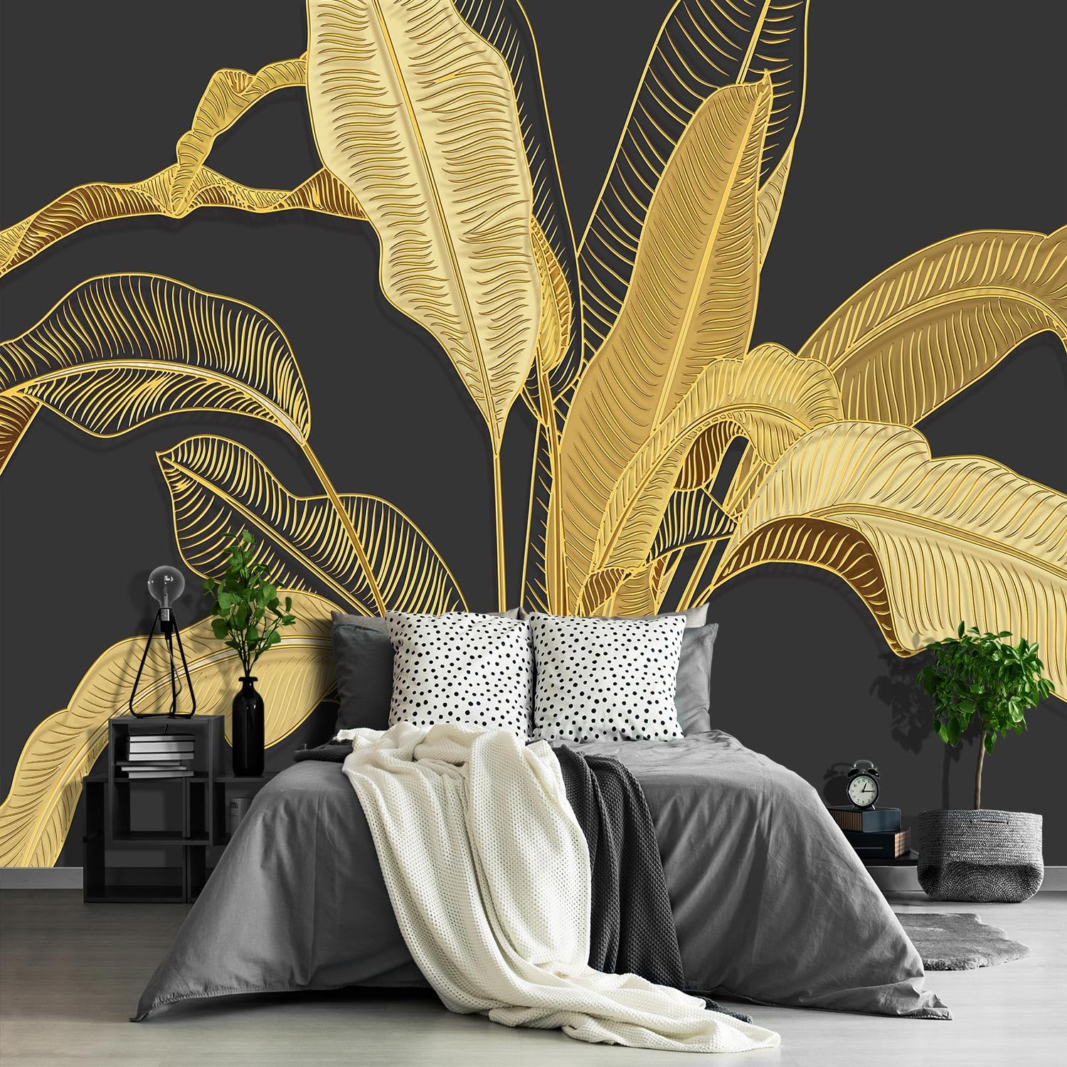 Fightal Black & Gold Banana Leaf Wallpaper - Tropical Botanical Floral Large Wall Mural for Living Room & Bedroom | Non-Peel & Stick | 151x105 Inches | Perfect for Boho Decor, Accent Walls & Tropical Theme Rooms