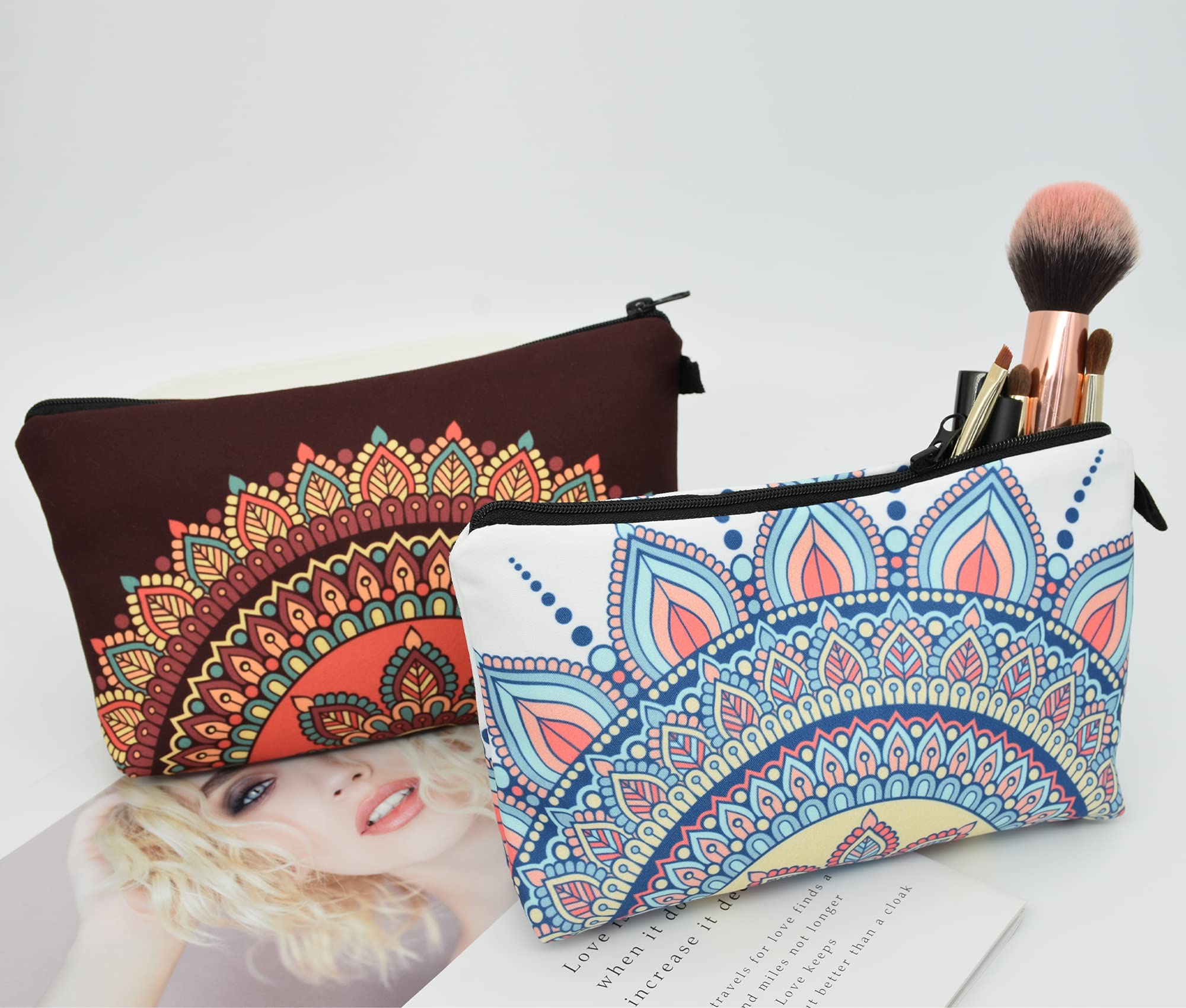 2 Pack Waterproof Cosmetic Bags for Women - Small Travel Makeup Pouches with Zipper for Toiletries, Jewelry & Essentials | Perfect for Organizing Travel, Gym, or Daily Use | Great Gift for Birthday, Christmas (Mandala Design)